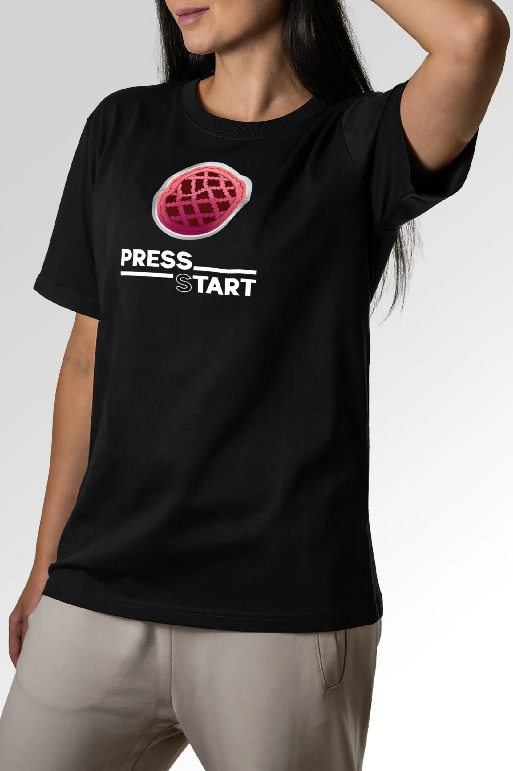 Vorschau des Organic Unisex T-Shirts von Maondo mit dem Design Press Tart in der Farbe Black