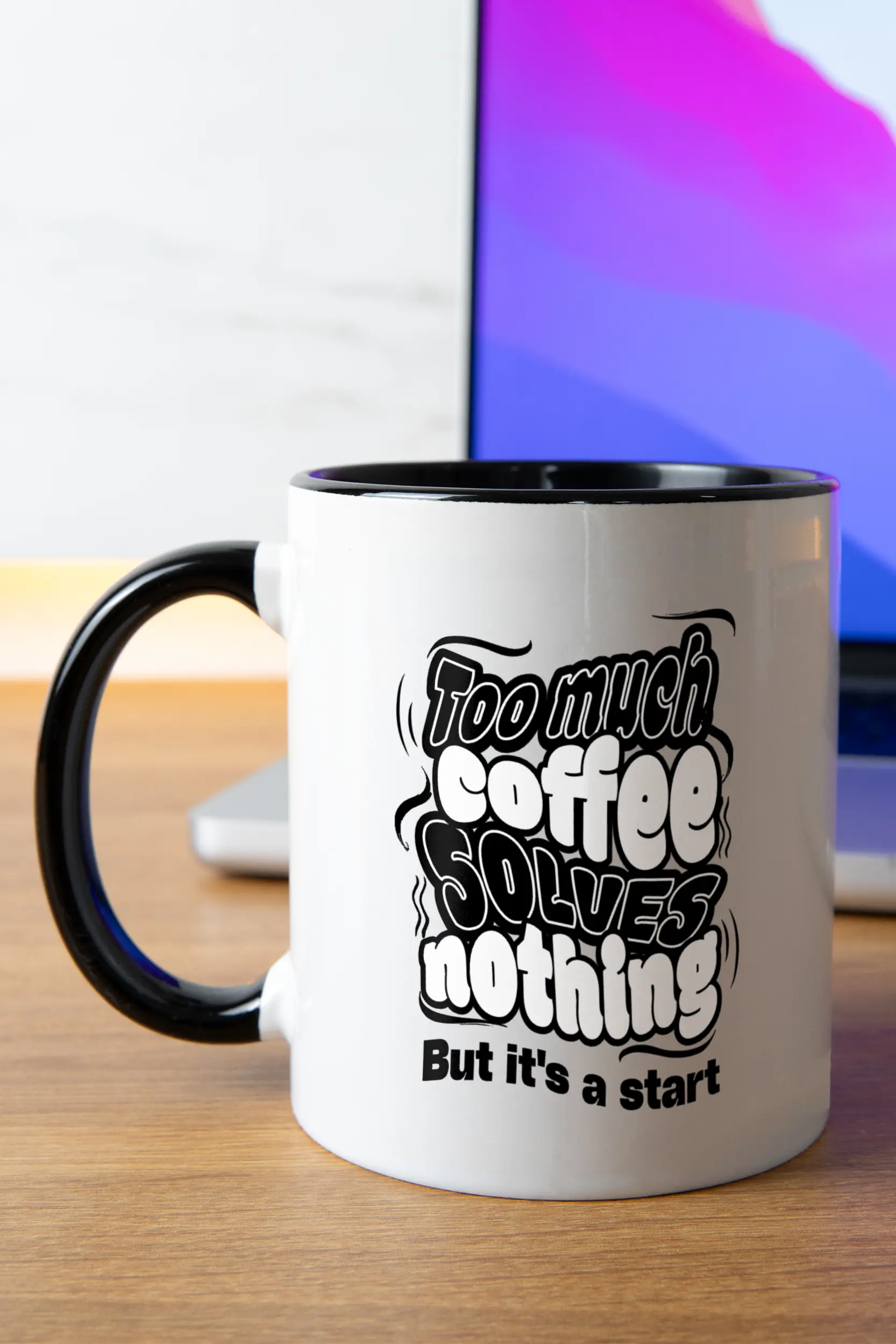 Titelbild der Keramik Tasse von Maondo mit dem Design It's a start in der Farbe Schwarz-Weiß