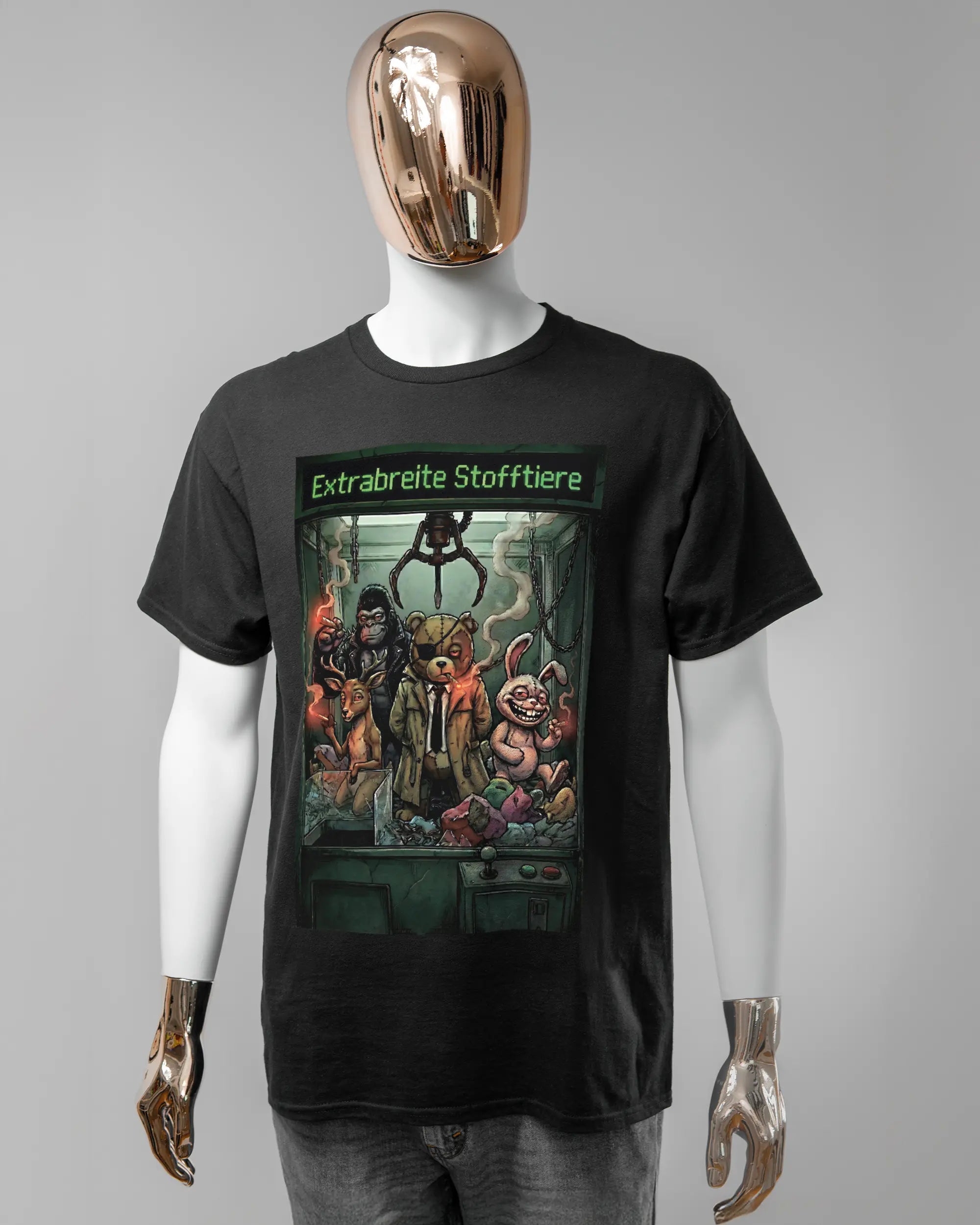 Vorderseite des Basic Unisex T-Shirt Regular von Maondo mit dem Design Extrabreit in der Farbe Black und in der Größe L getragen von einer maskulinen Puppe