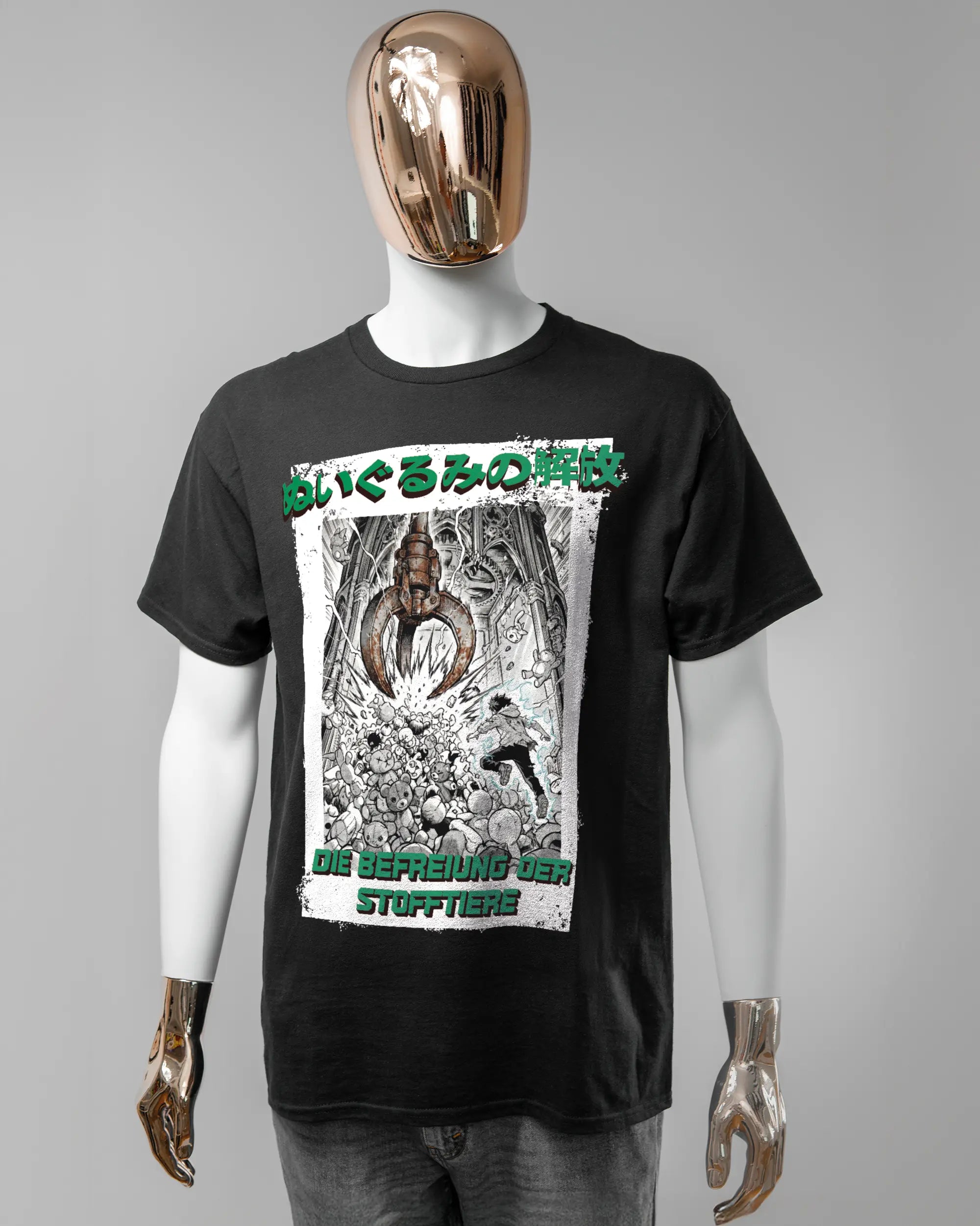 Vorderseite des Basic Unisex T-Shirt Regular von Maondo mit dem Design Save 1 Stofftier in der Farbe Black und in der Größe L getragen von einer maskulinen Puppe