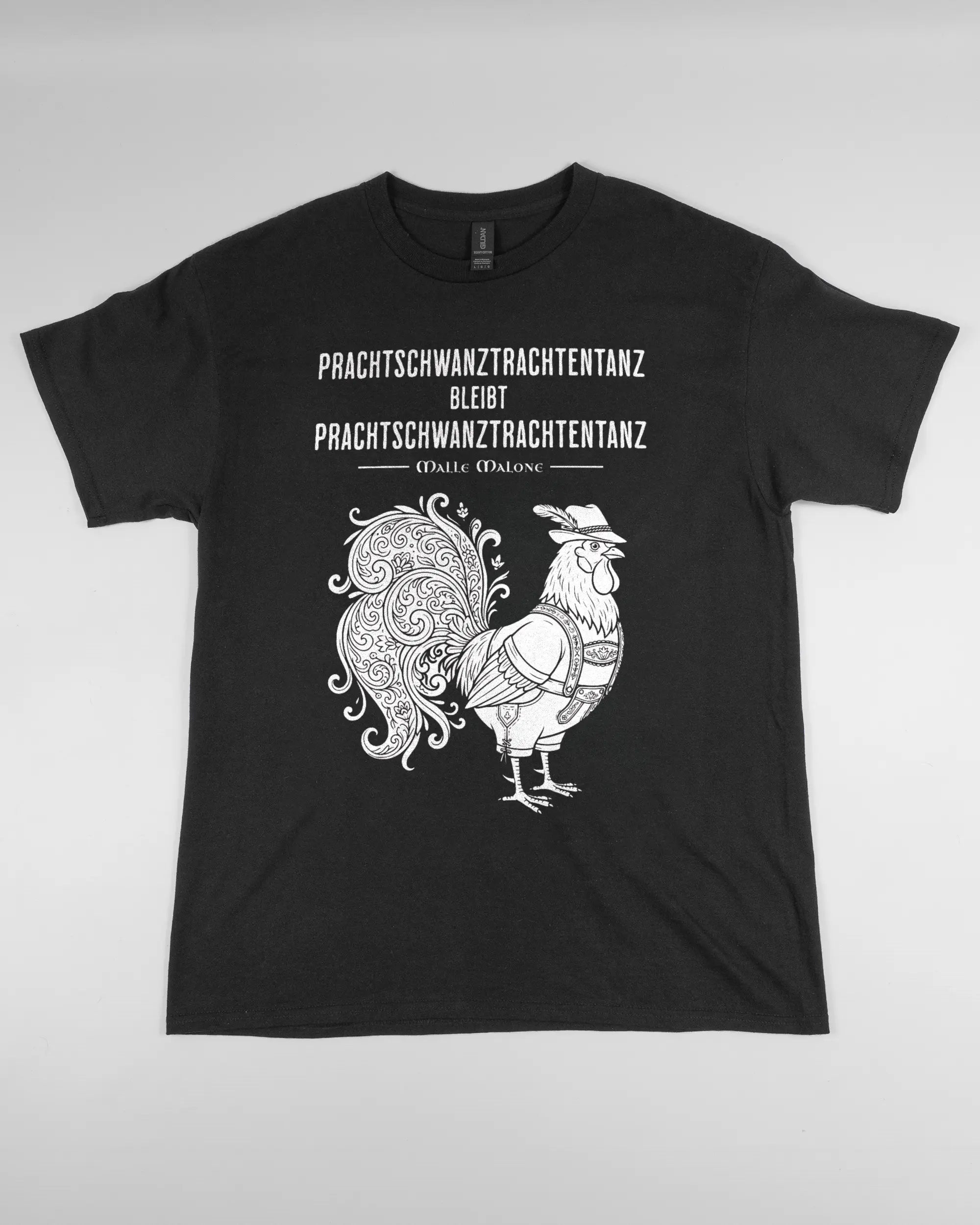 Vorderseite des Basic Unisex T-Shirt Regular von Maondo mit dem Design Trachtentanz in der Farbe Black und in der Größe L flach auf den Boden gelegt