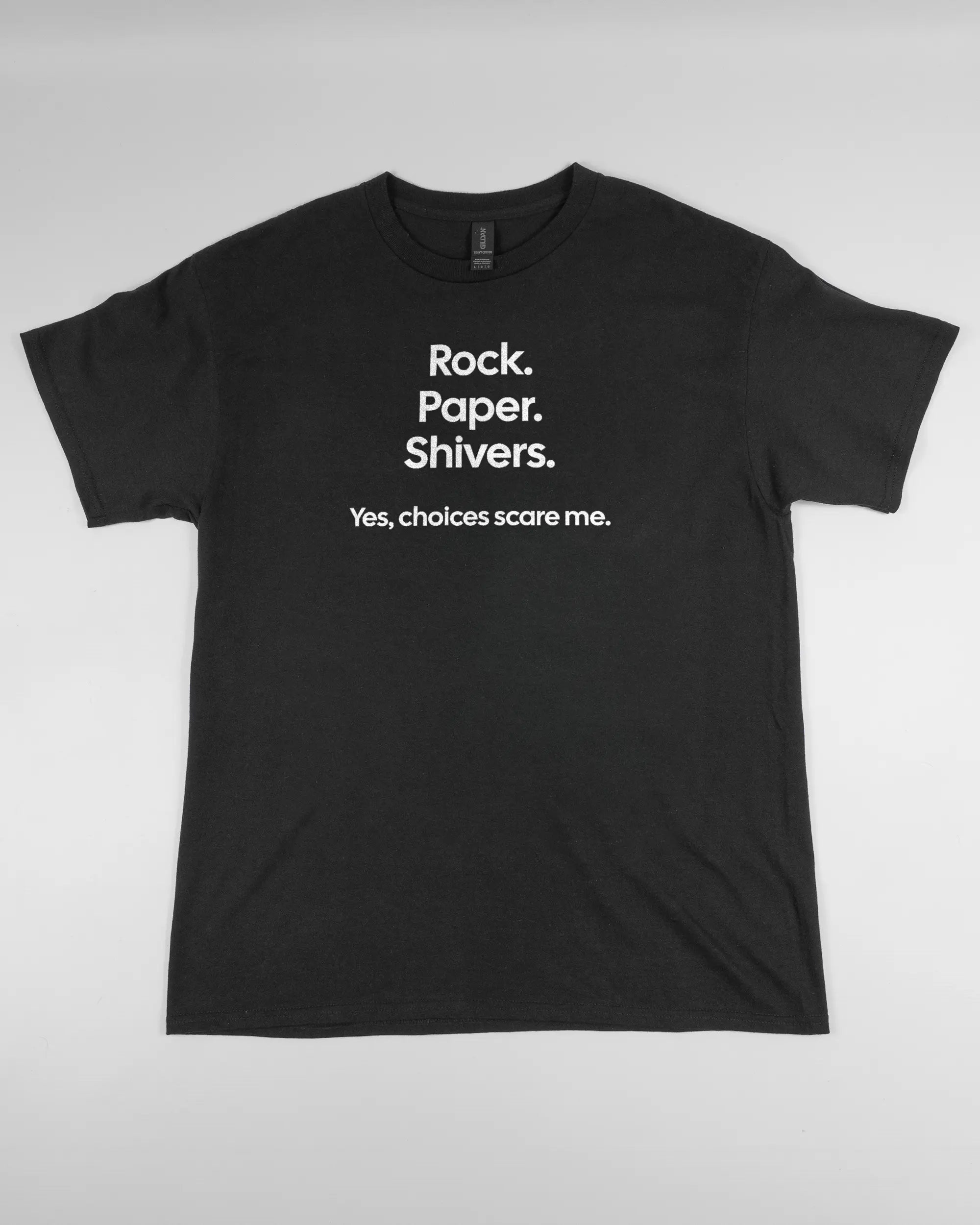 Vorderseite des Basic Unisex T-Shirt Regular von Maondo mit dem Design Rock Paper Shivers in der Farbe Black und in der Größe L flach auf den Boden gelegt