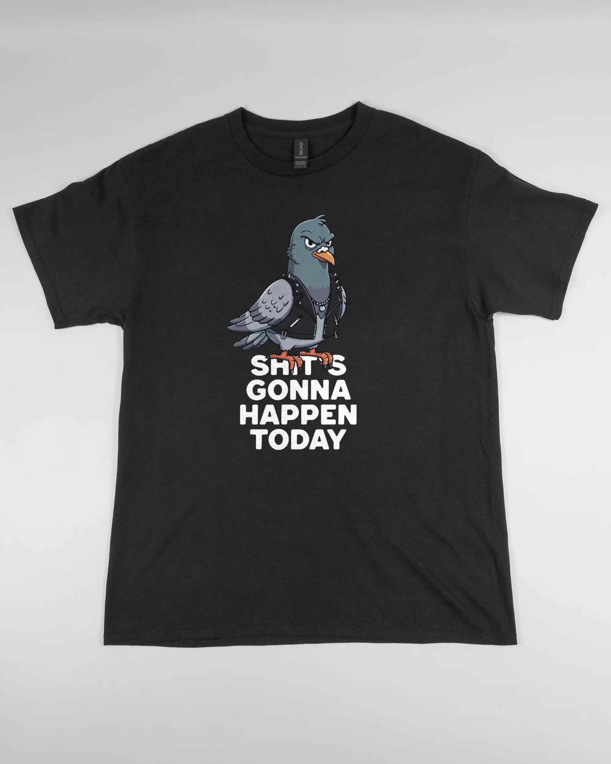 Vorderseite des Basic Unisex T-Shirt Regular von Maondo mit dem Design Pigeon Pun in der Farbe Black und in der Größe L flach auf den Boden gelegt