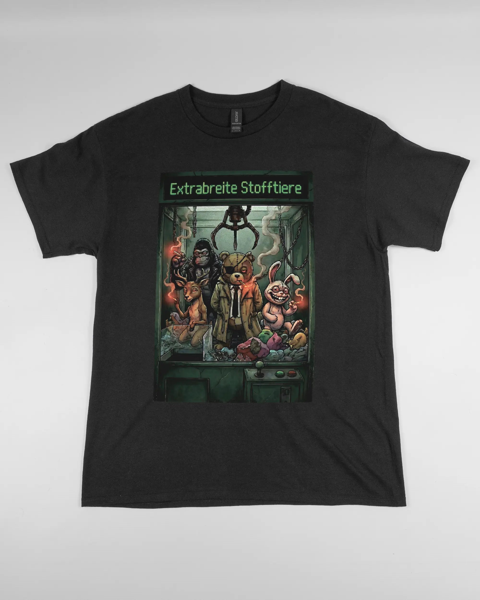 Vorderseite des Basic Unisex T-Shirt Regular von Maondo mit dem Design Extrabreit in der Farbe Black und in der Größe L flach auf den Boden gelegt