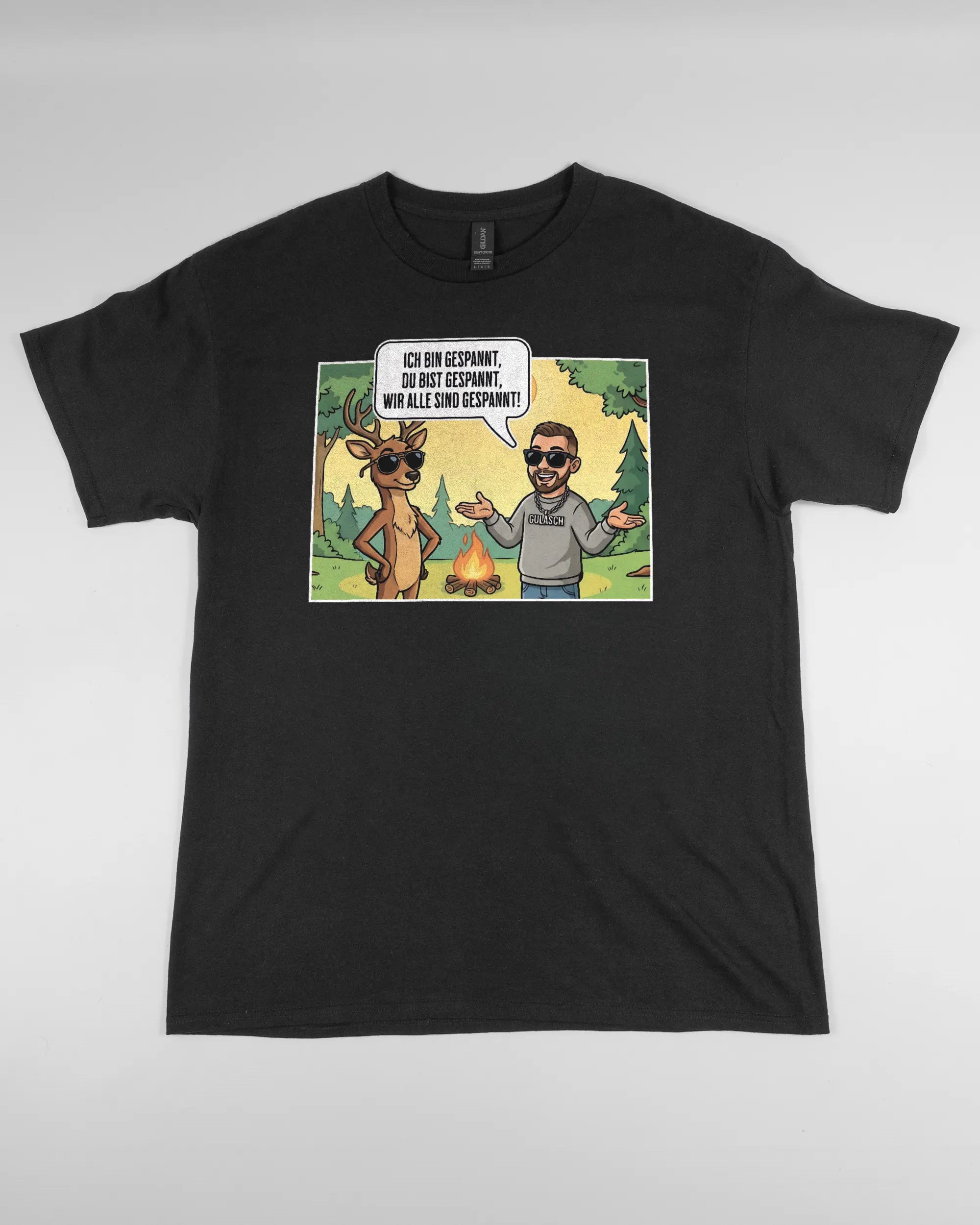 Vorderseite des Basic Unisex T-Shirt Regular von Maondo mit dem Design Vollspannung in der Farbe Black und in der Größe L flach auf den Boden gelegt