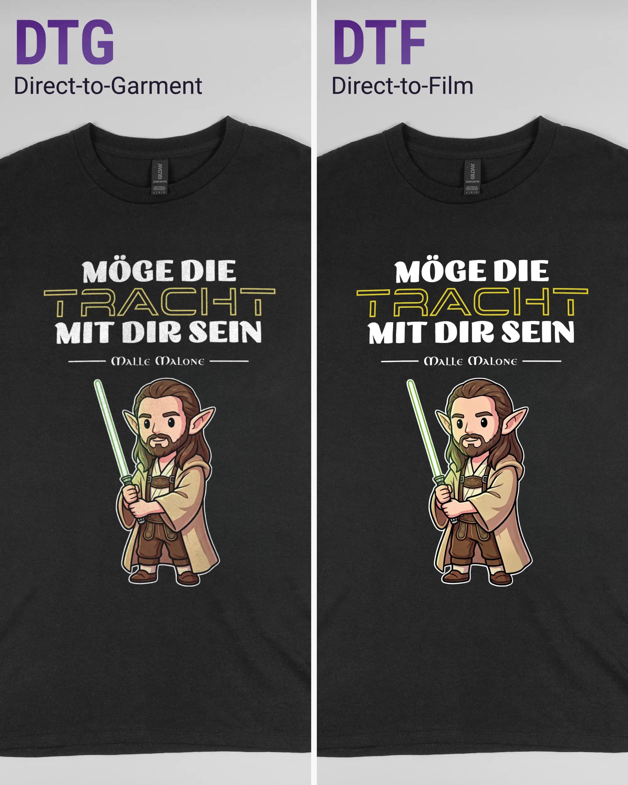 Vergleich der Vorderseiten des Basic Unisex T-Shirt Regular von Maondo mit dem Design Tracht mit dir in der Farbe Black und in der Größe L links mit dem Direct-to-Garment und rechts mit dem Direct-to-Film Verfahren