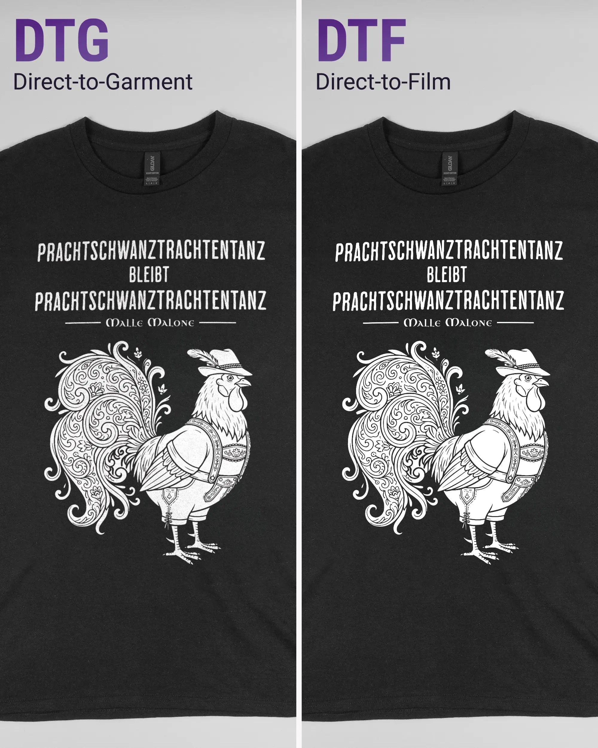 Vergleich der Vorderseiten des Basic Unisex T-Shirt Regular von Maondo mit dem Design Trachtentanz in der Farbe Black und in der Größe L links mit dem Direct-to-Garment und rechts mit dem Direct-to-Film Verfahren