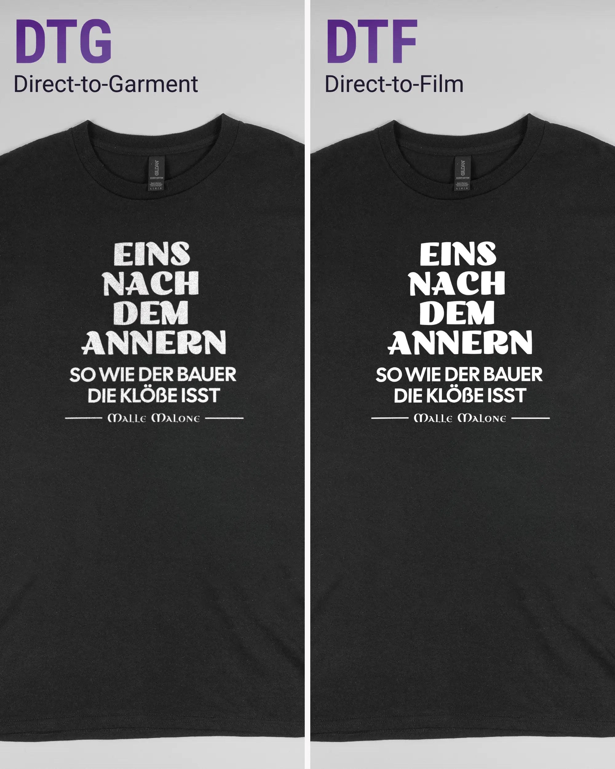 Vergleich der Vorderseiten des Basic Unisex T-Shirt Regular von Maondo mit dem Design Eins nach dem Annern in der Farbe Black und in der Größe L links mit dem Direct-to-Garment und rechts mit dem Direct-to-Film Verfahren