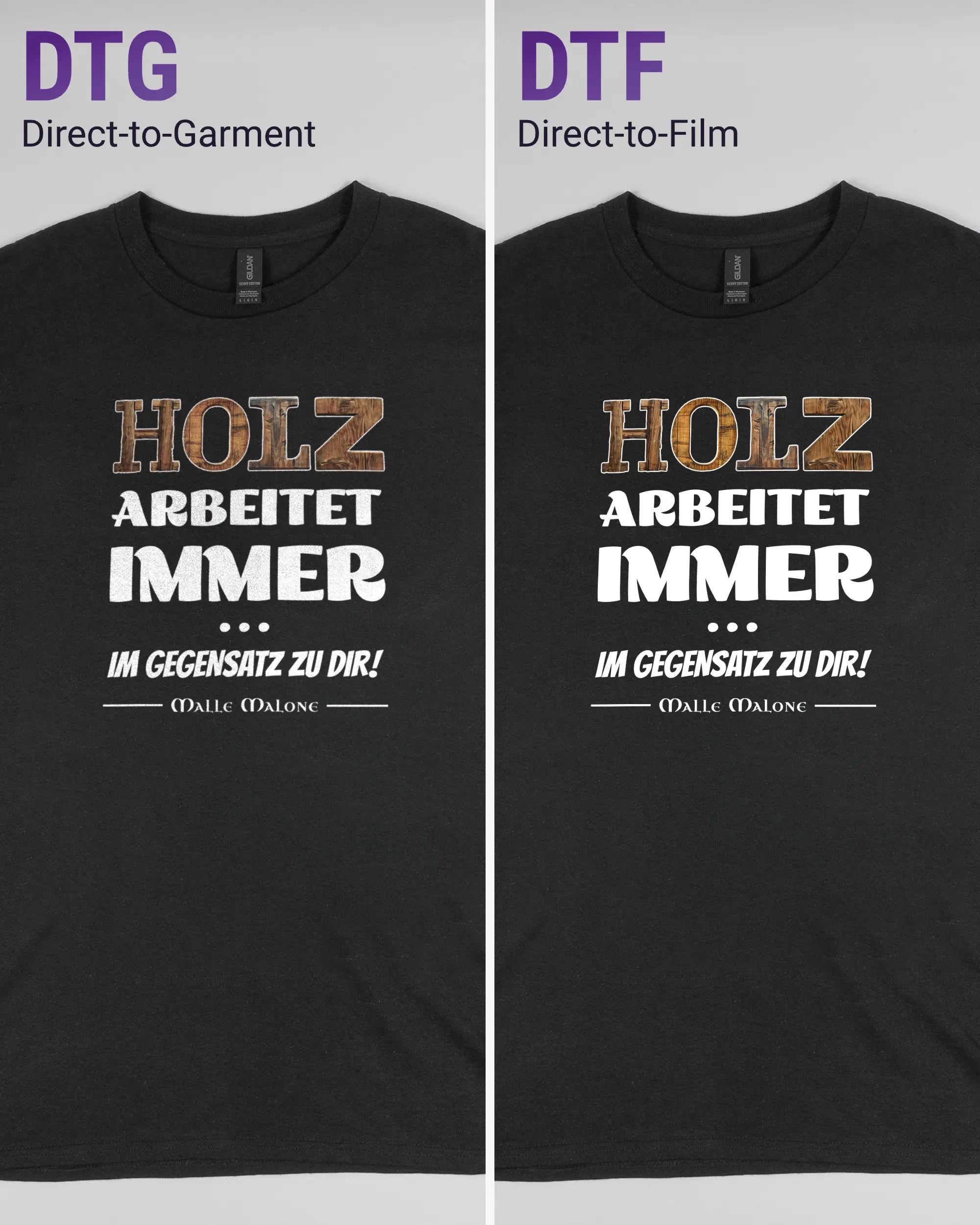Vergleich der Vorderseiten des Basic Unisex T-Shirt Regular von Maondo mit dem Design Holzarbeit in der Farbe Black und in der Größe L links mit dem Direct-to-Garment und rechts mit dem Direct-to-Film Verfahren