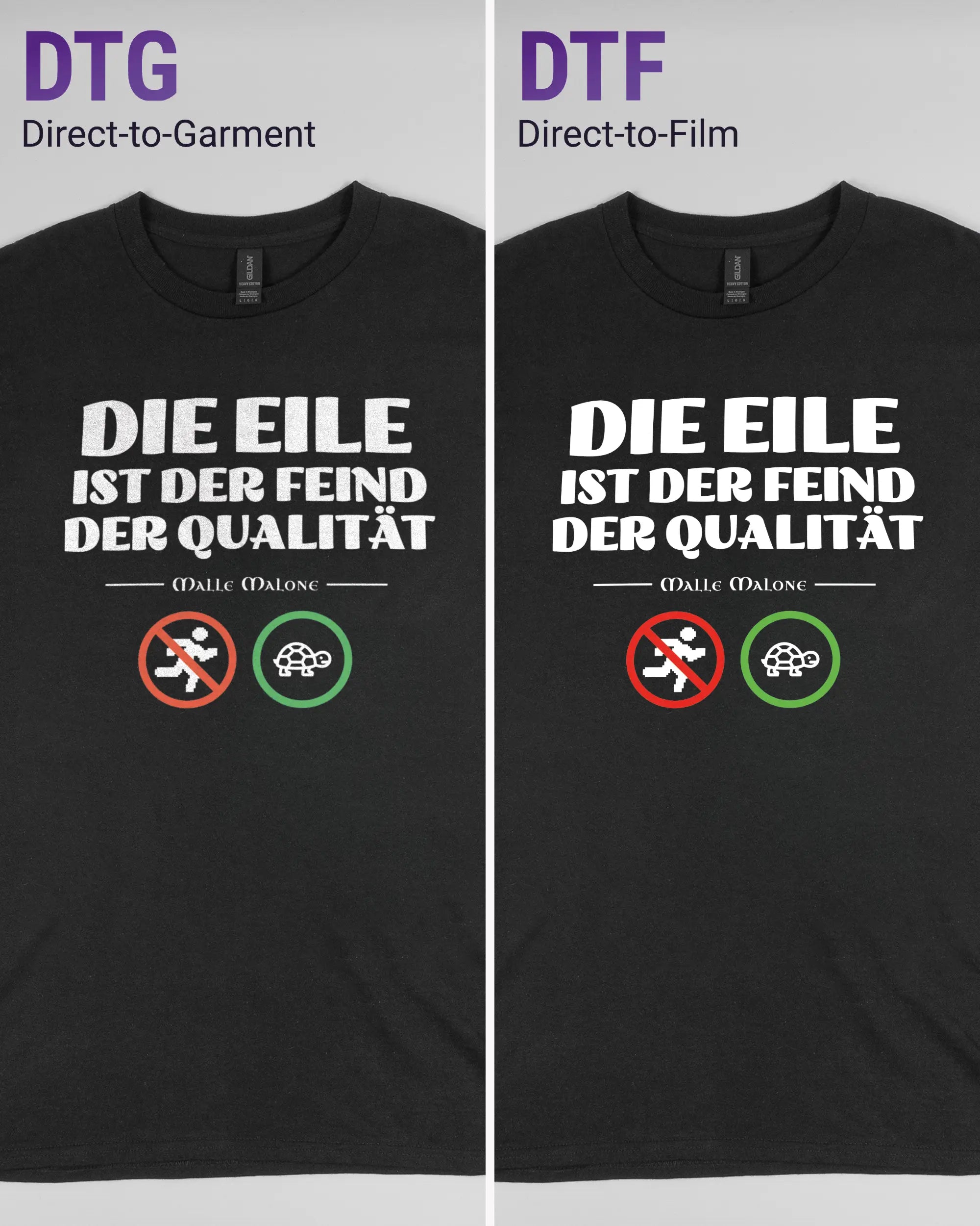 Vergleich der Vorderseiten des Basic Unisex T-Shirt Regular von Maondo mit dem Design Keine Eile in der Farbe Black und in der Größe L links mit dem Direct-to-Garment und rechts mit dem Direct-to-Film Verfahren