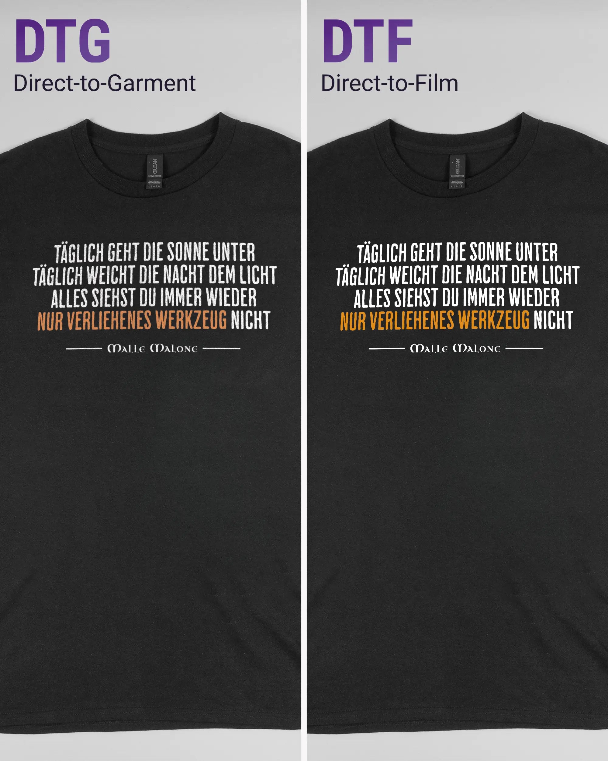 Vergleich der Vorderseiten des Basic Unisex T-Shirt Regular von Maondo mit dem Design Wegzeug in der Farbe Black und in der Größe L links mit dem Direct-to-Garment und rechts mit dem Direct-to-Film Verfahren