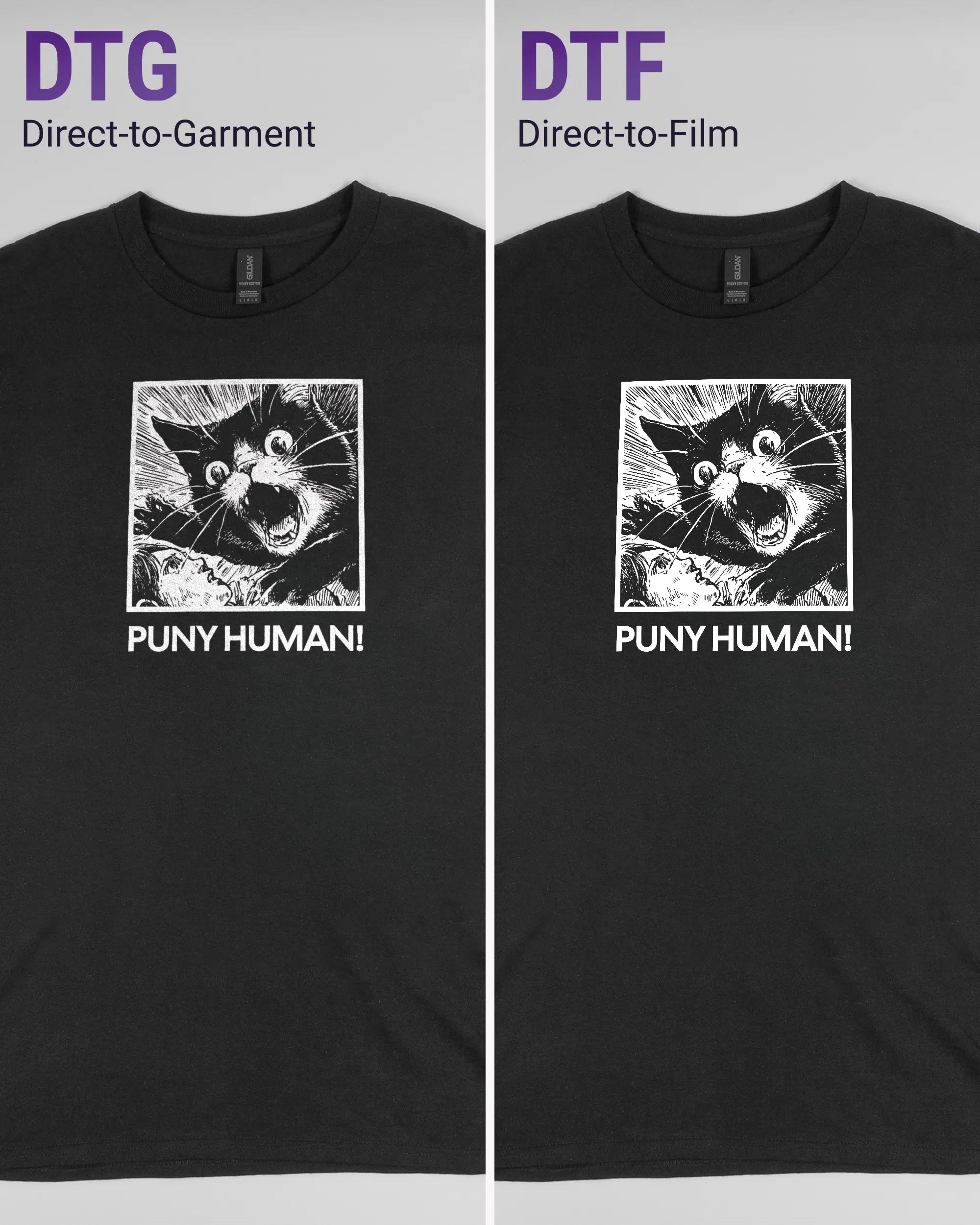 Vergleich der Vorderseiten des Basic Unisex T-Shirt Regular von Maondo mit dem Design Puny Human in der Farbe Black und in der Größe L links mit dem Direct-to-Garment und rechts mit dem Direct-to-Film Verfahren