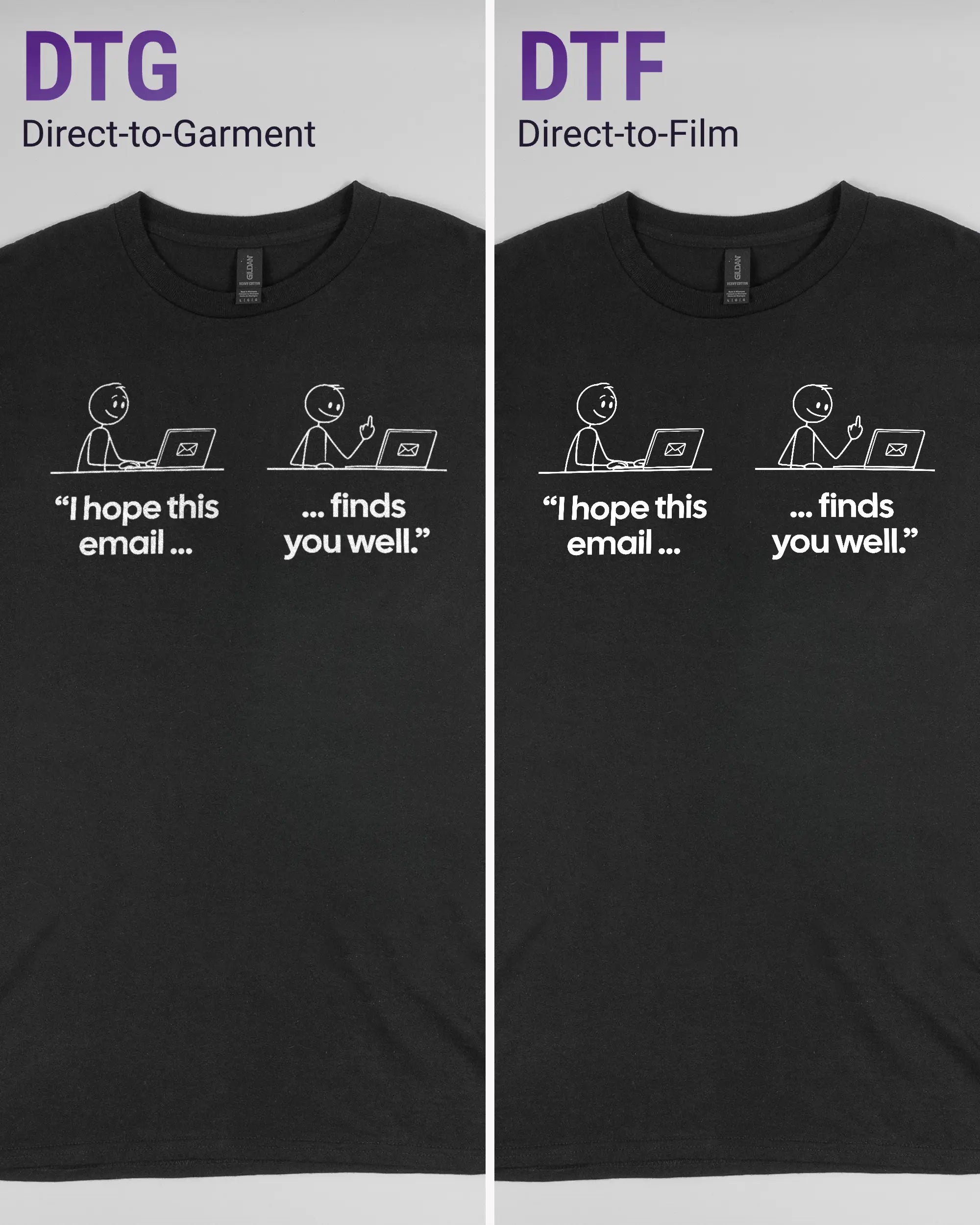 Vergleich der Vorderseiten des Basic Unisex T-Shirt Regular von Maondo mit dem Design Found me not well in der Farbe Black und in der Größe L links mit dem Direct-to-Garment und rechts mit dem Direct-to-Film Verfahren