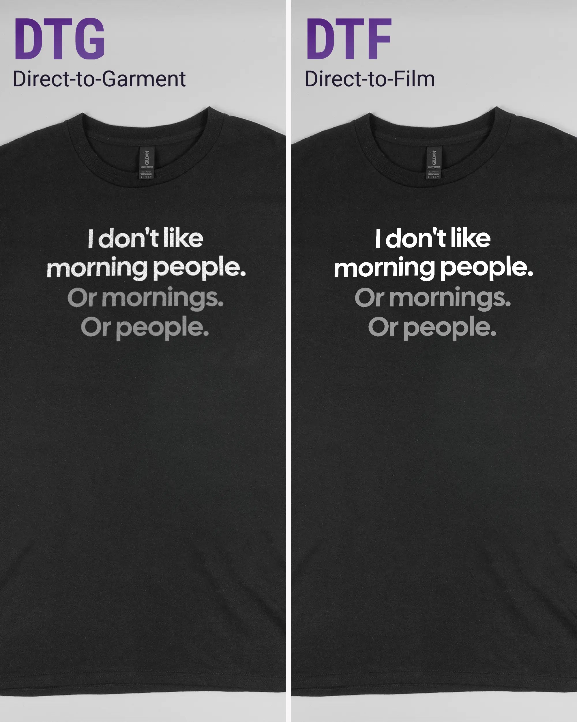 Vergleich der Vorderseiten des Basic Unisex T-Shirt Regular von Maondo mit dem Design Morning Person in der Farbe Black und in der Größe L links mit dem Direct-to-Garment und rechts mit dem Direct-to-Film Verfahren