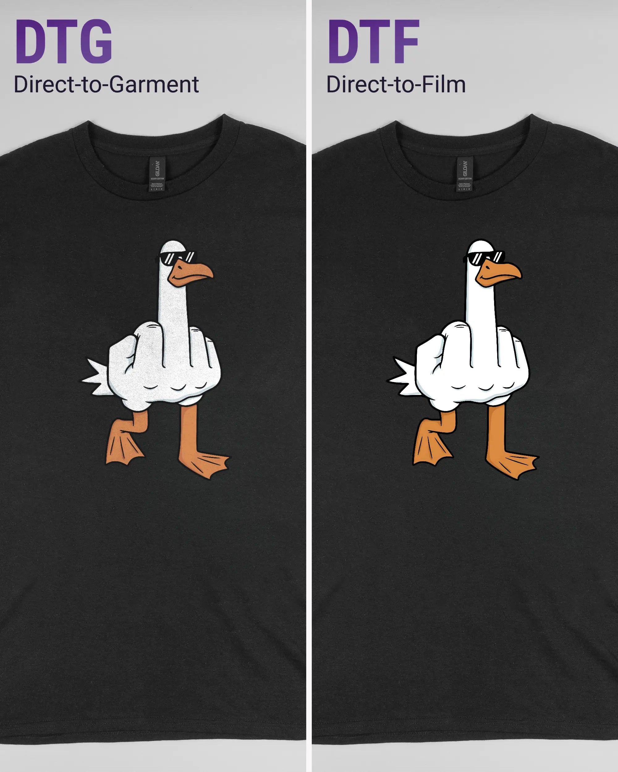 Vergleich der Vorderseiten des Basic Unisex T-Shirt Regular von Maondo mit dem Design I give a duck in der Farbe Black und in der Größe L links mit dem Direct-to-Garment und rechts mit dem Direct-to-Film Verfahren