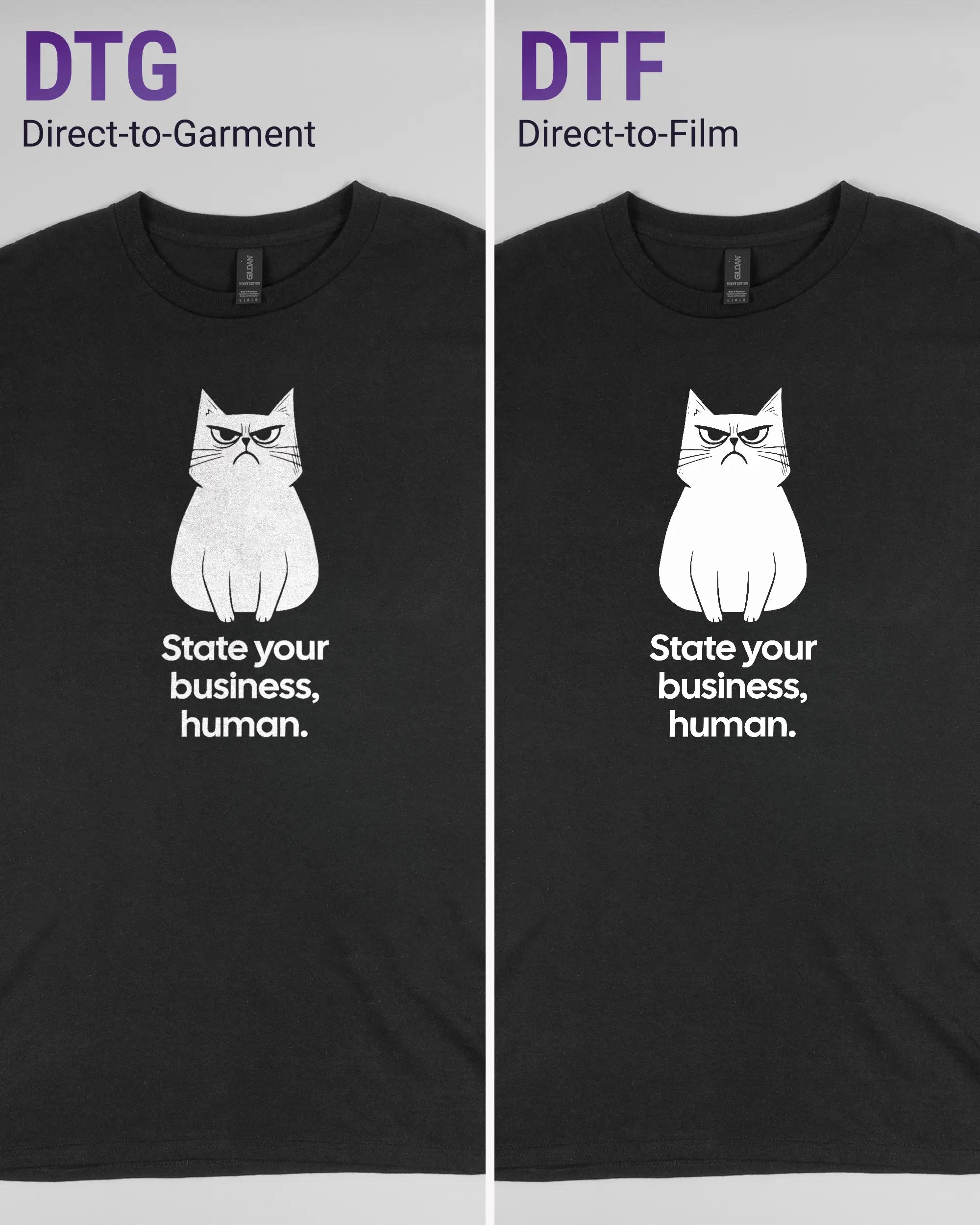 Vergleich der Vorderseiten des Basic Unisex T-Shirt Regular von Maondo mit dem Design Grumpy Purr in der Farbe Black und in der Größe L links mit dem Direct-to-Garment und rechts mit dem Direct-to-Film Verfahren