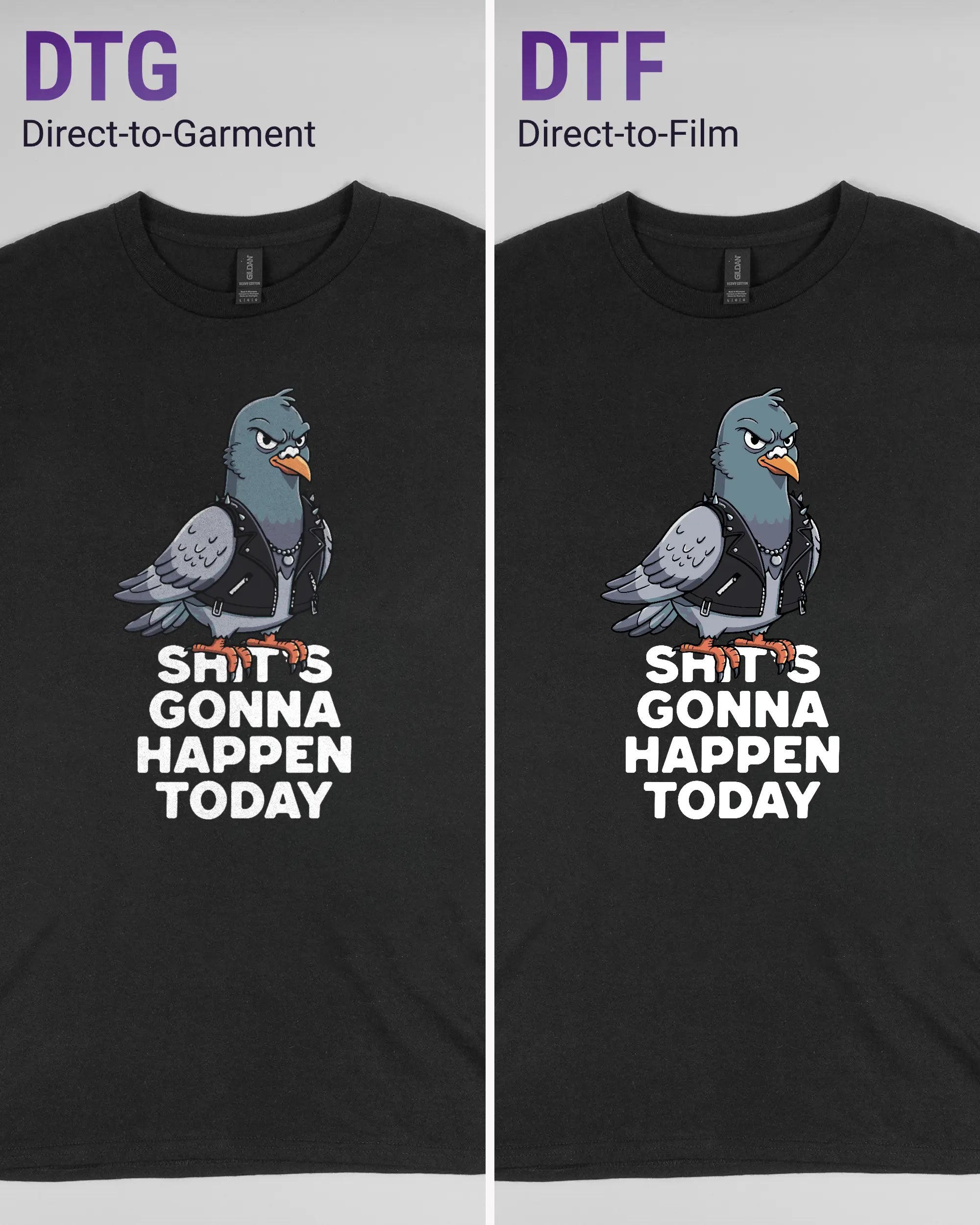 Vergleich der Vorderseiten des Basic Unisex T-Shirt Regular von Maondo mit dem Design Pigeon Pun in der Farbe Black und in der Größe L links mit dem Direct-to-Garment und rechts mit dem Direct-to-Film Verfahren