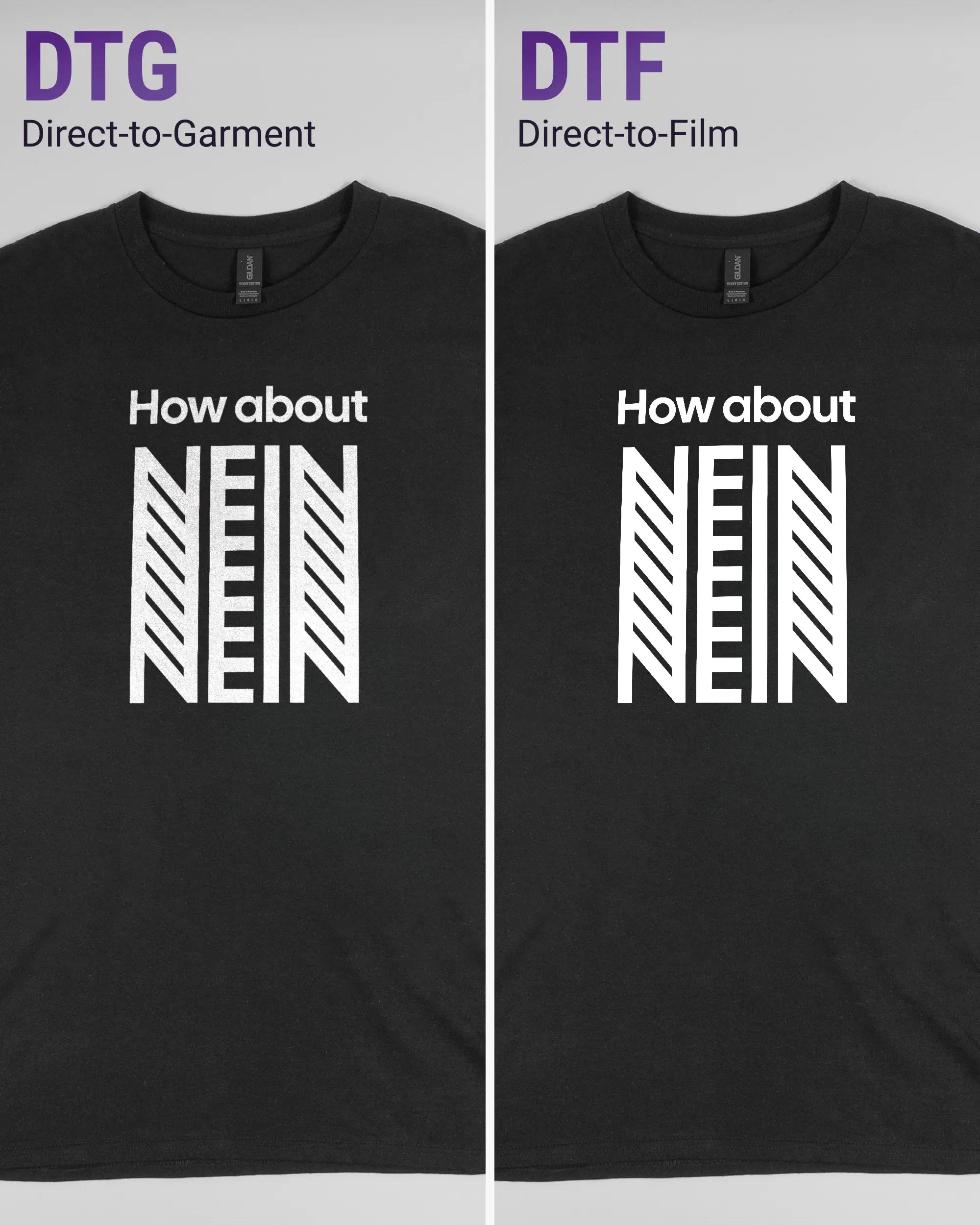 Vergleich der Vorderseiten des Basic Unisex T-Shirt Regular von Maondo mit dem Design How about nein in der Farbe Black und in der Größe L links mit dem Direct-to-Garment und rechts mit dem Direct-to-Film Verfahren