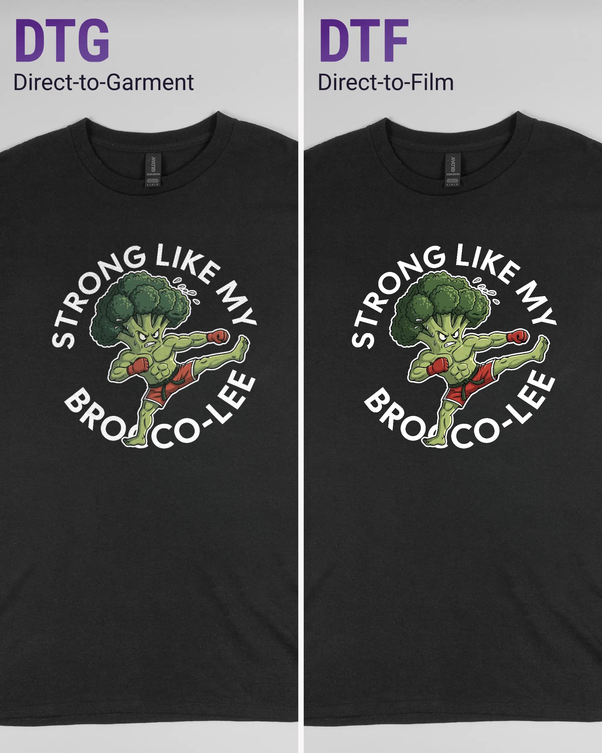 Vergleich der Vorderseiten des Basic Unisex T-Shirt Regular von Maondo mit dem Design Brocco-Lee in der Farbe Black und in der Größe L links mit dem Direct-to-Garment und rechts mit dem Direct-to-Film Verfahren