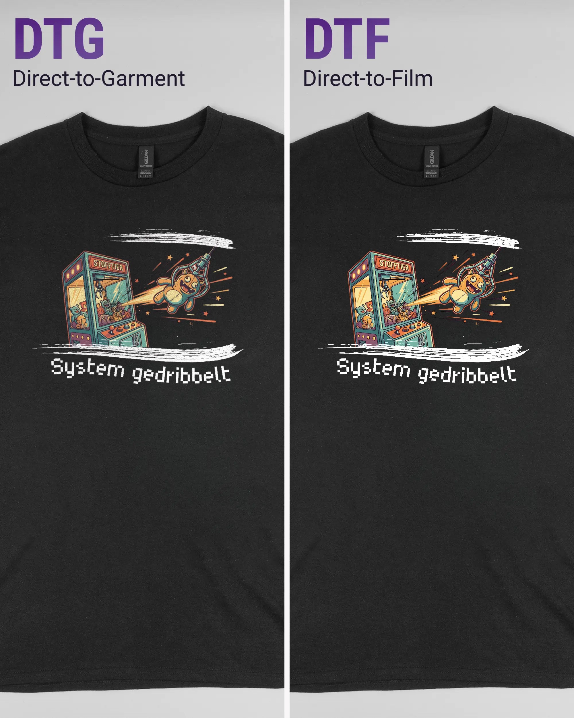 Vergleich der Vorderseiten des Basic Unisex T-Shirt Regular von Maondo mit dem Design System gedribbelt in der Farbe Black und in der Größe L links mit dem Direct-to-Garment und rechts mit dem Direct-to-Film Verfahren