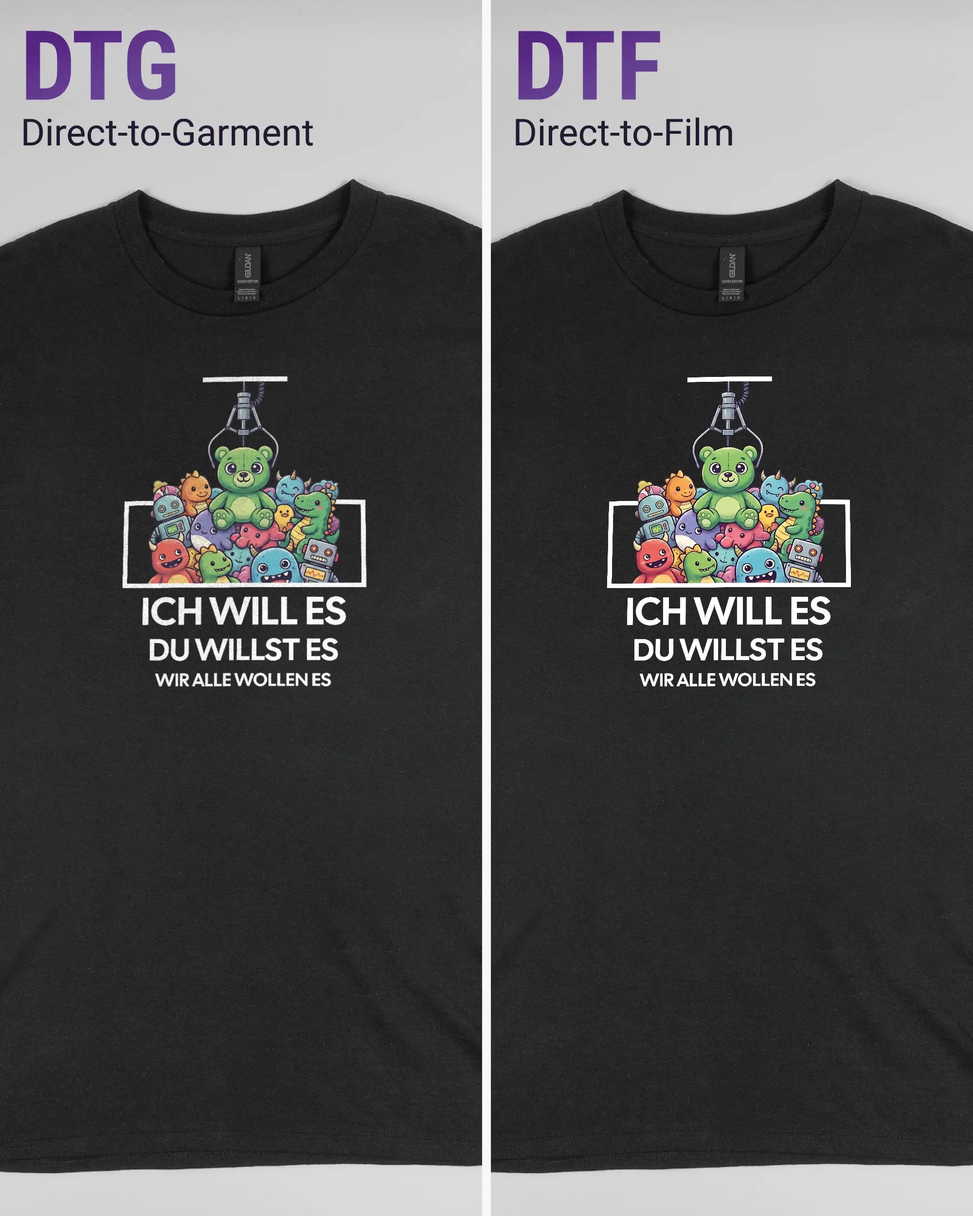 Vergleich der Vorderseiten des Basic Unisex T-Shirt Regular von Maondo mit dem Design Will Stofftier in der Farbe Black und in der Größe L links mit dem Direct-to-Garment und rechts mit dem Direct-to-Film Verfahren