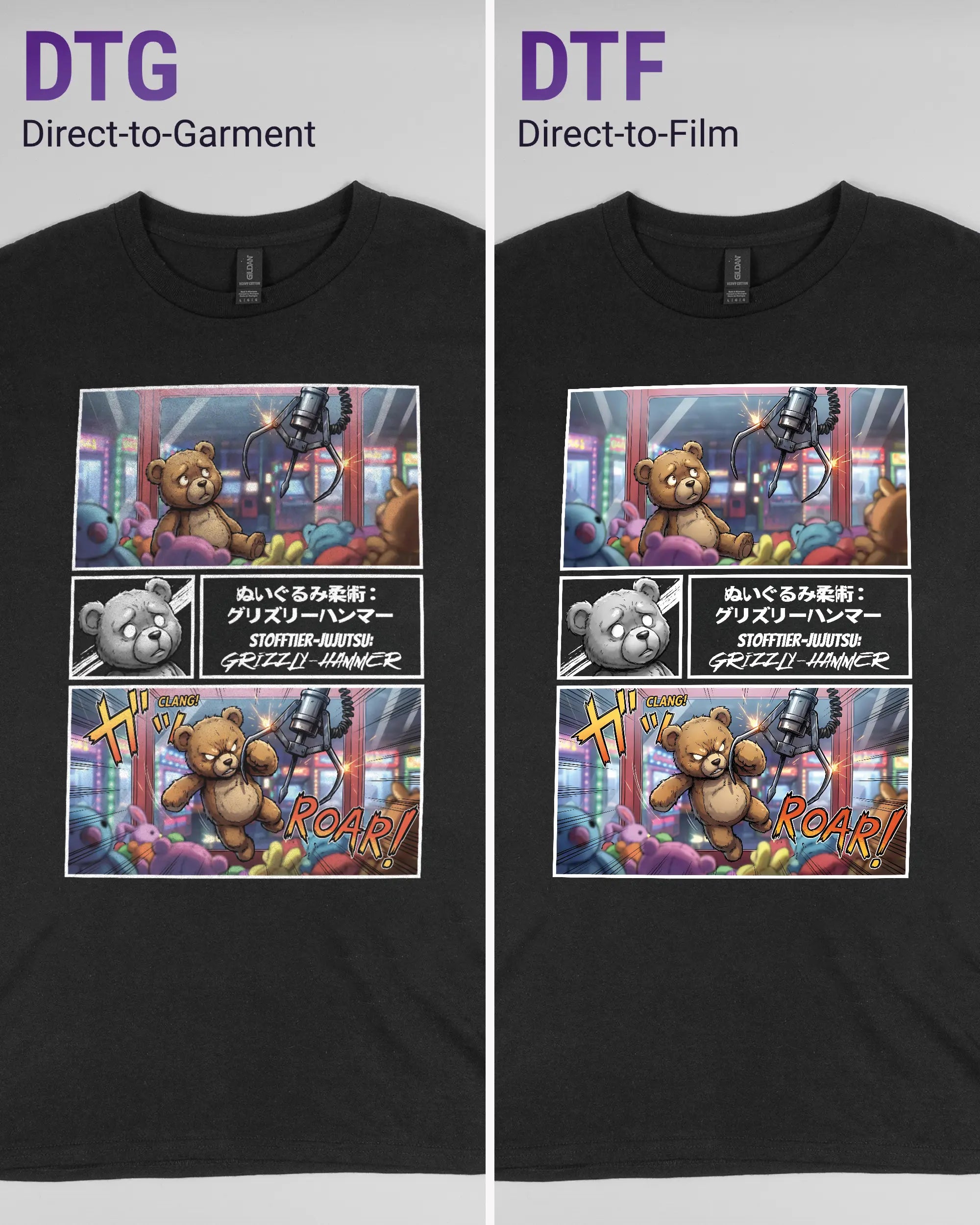 Vergleich der Vorderseiten des Basic Unisex T-Shirt Regular von Maondo mit dem Design Manga Stoff in der Farbe Black und in der Größe L links mit dem Direct-to-Garment und rechts mit dem Direct-to-Film Verfahren