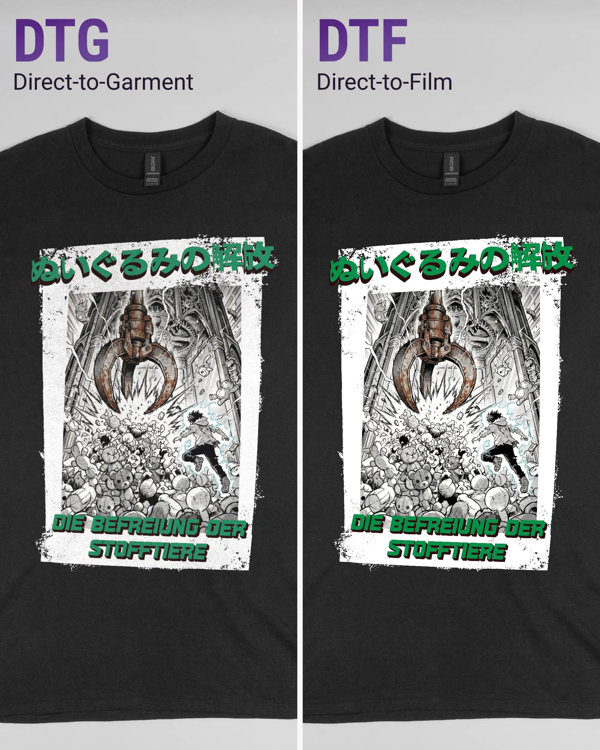 Vergleich der Vorderseiten des Basic Unisex T-Shirt Regular von Maondo mit dem Design Save 1 Stofftier in der Farbe Black und in der Größe L links mit dem Direct-to-Garment und rechts mit dem Direct-to-Film Verfahren