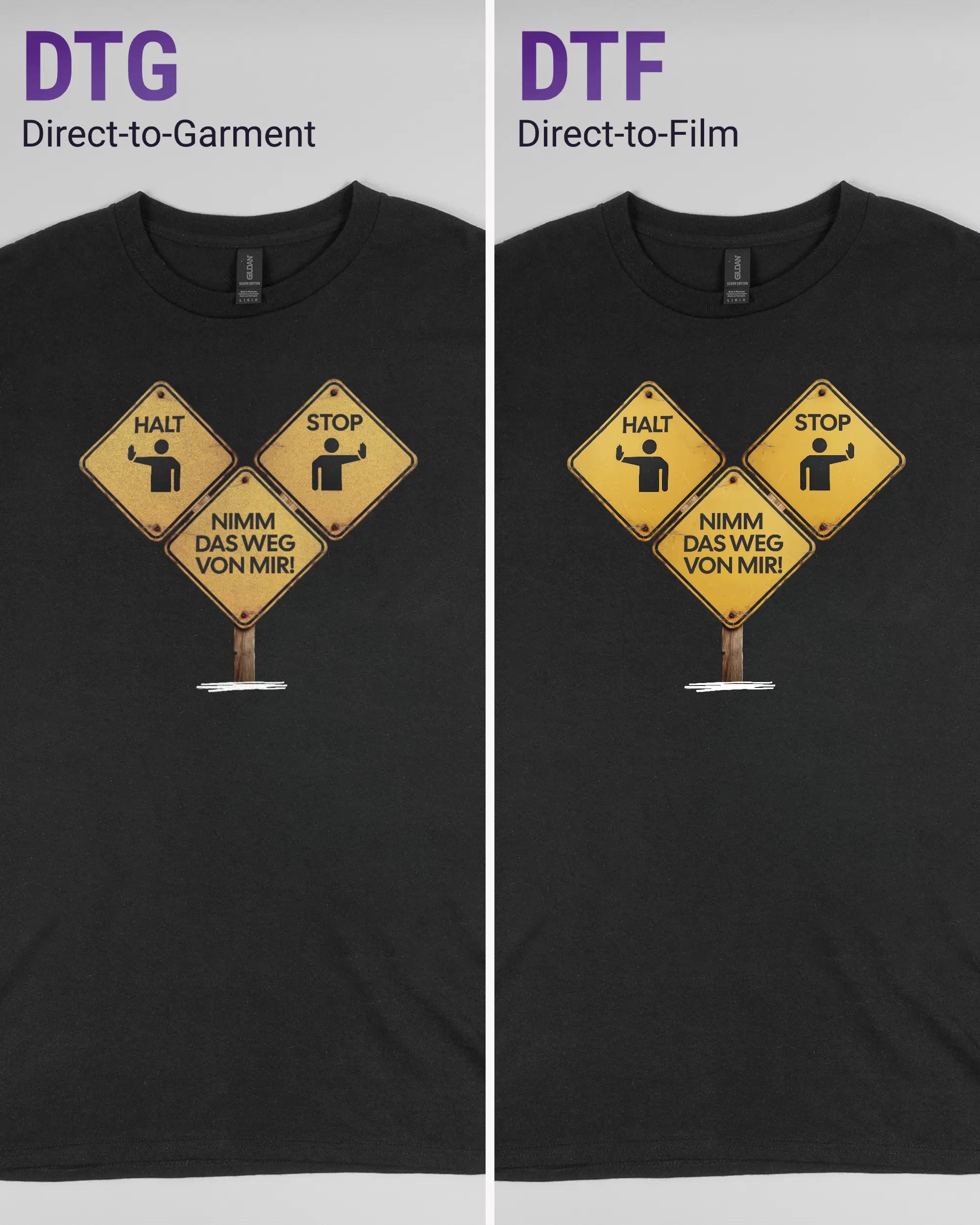 Vergleich der Vorderseiten des Basic Unisex T-Shirt Regular von Maondo mit dem Design Schutzschild in der Farbe Black und in der Größe L links mit dem Direct-to-Garment und rechts mit dem Direct-to-Film Verfahren
