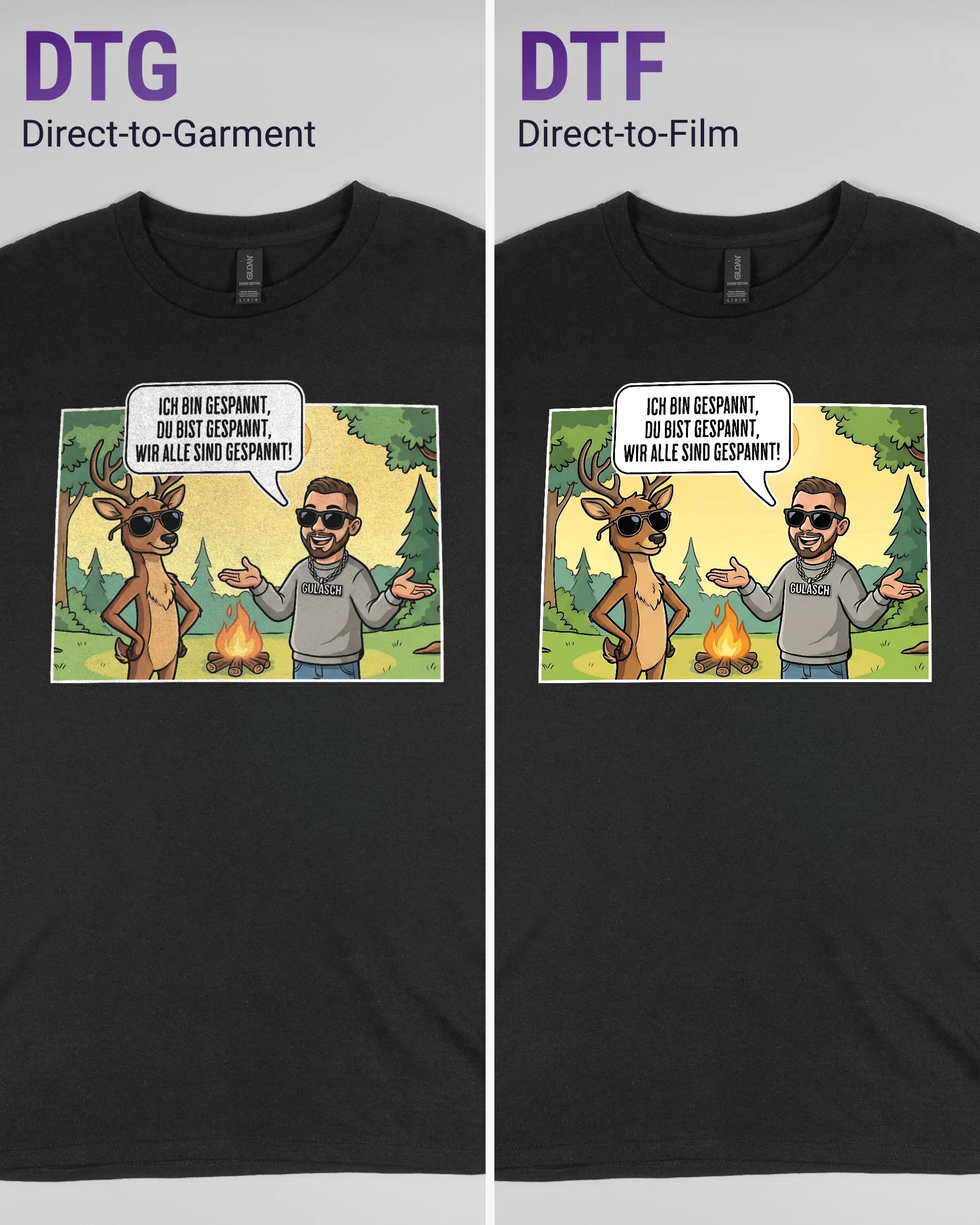 Vergleich der Vorderseiten des Basic Unisex T-Shirt Regular von Maondo mit dem Design Vollspannung in der Farbe Black und in der Größe L links mit dem Direct-to-Garment und rechts mit dem Direct-to-Film Verfahren