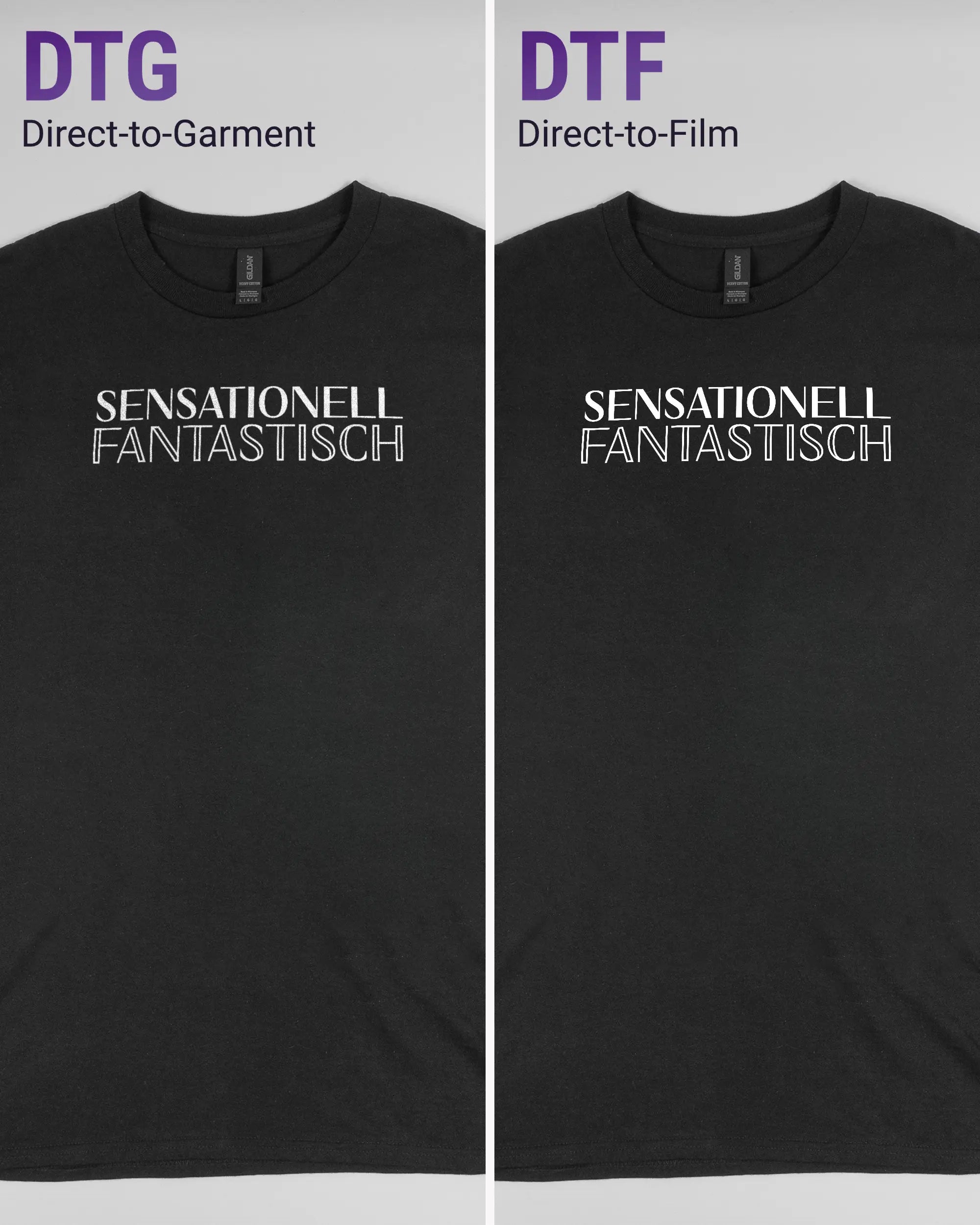 Vergleich der Vorderseiten des Basic Unisex T-Shirt Regular von Maondo mit dem Design Sensationell in der Farbe Black und in der Größe L links mit dem Direct-to-Garment und rechts mit dem Direct-to-Film Verfahren