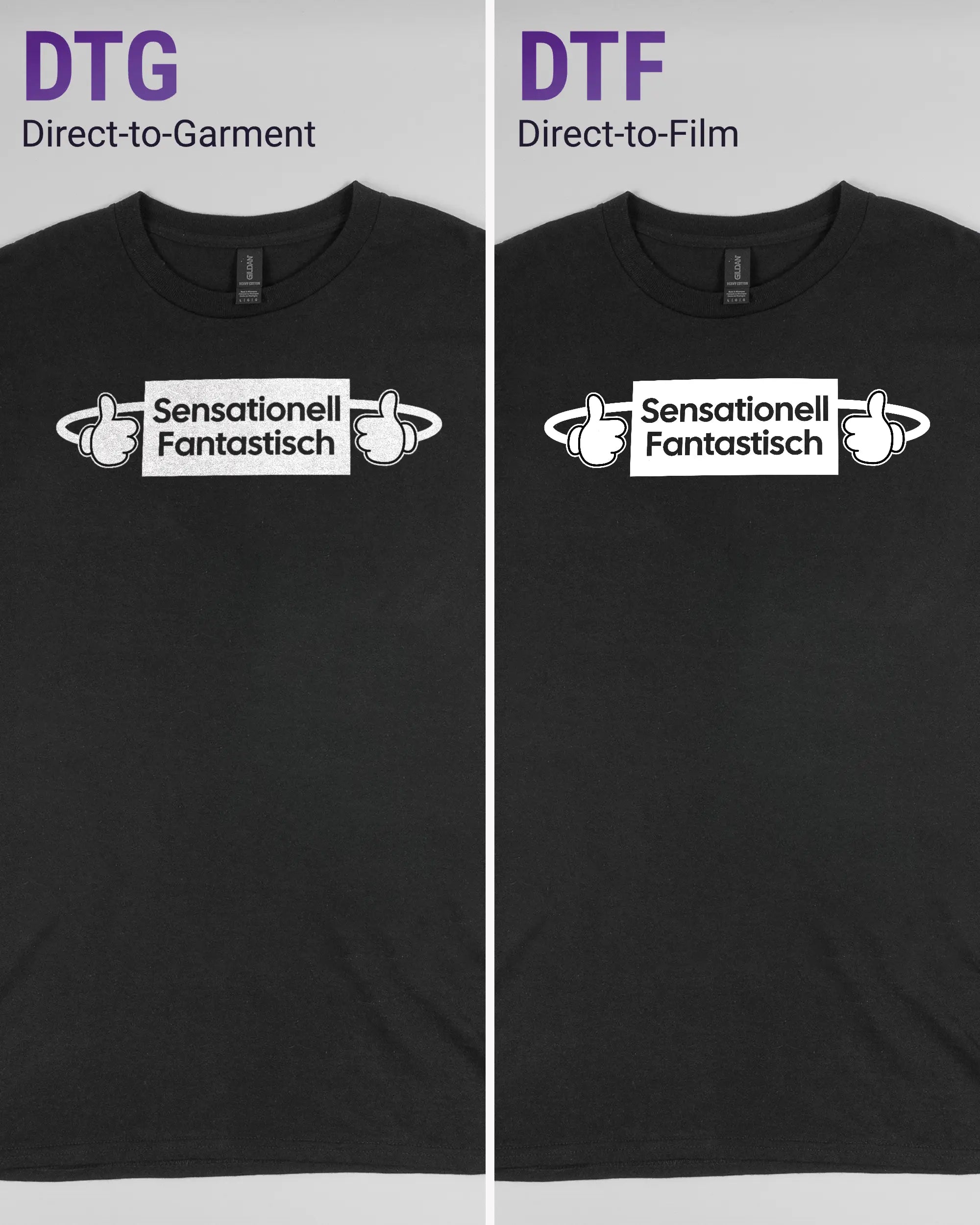 Vergleich der Vorderseiten des Basic Unisex T-Shirt Regular von Maondo mit dem Design Fantastisch in der Farbe Black und in der Größe L links mit dem Direct-to-Garment und rechts mit dem Direct-to-Film Verfahren