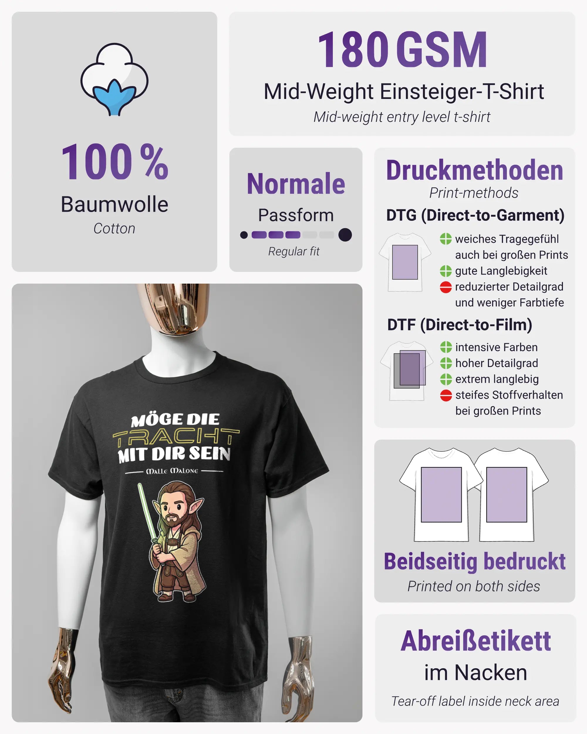 Produktinformationsblatt des Basic Unisex T-Shirt Regular von Maondo mit dem Design Tracht mit dir vorne in der Farbe Black und in der Größe S