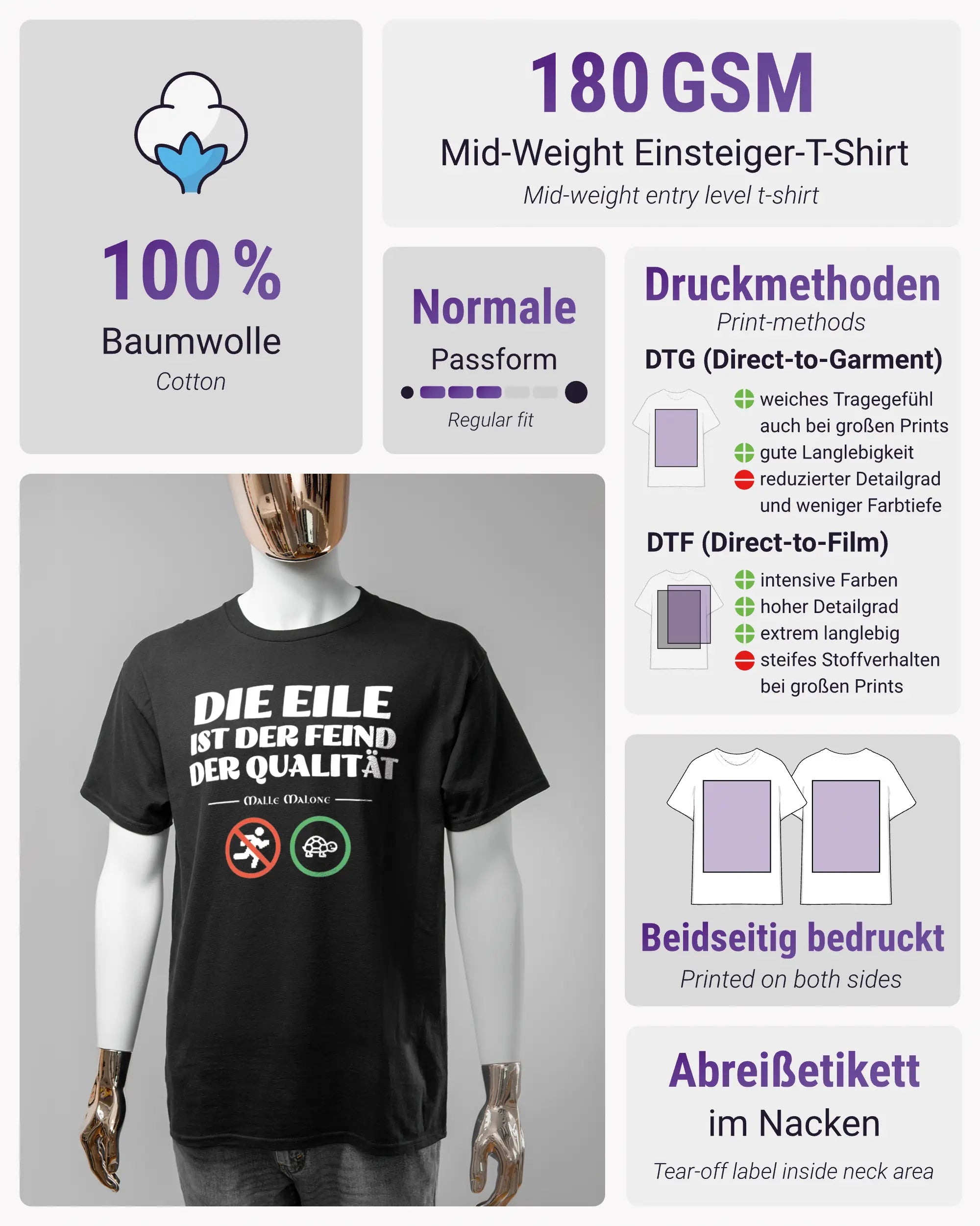 Produktinformationsblatt des Basic Unisex T-Shirt Regular von Maondo mit dem Design Keine Eile vorne in der Farbe Black und in der Größe S