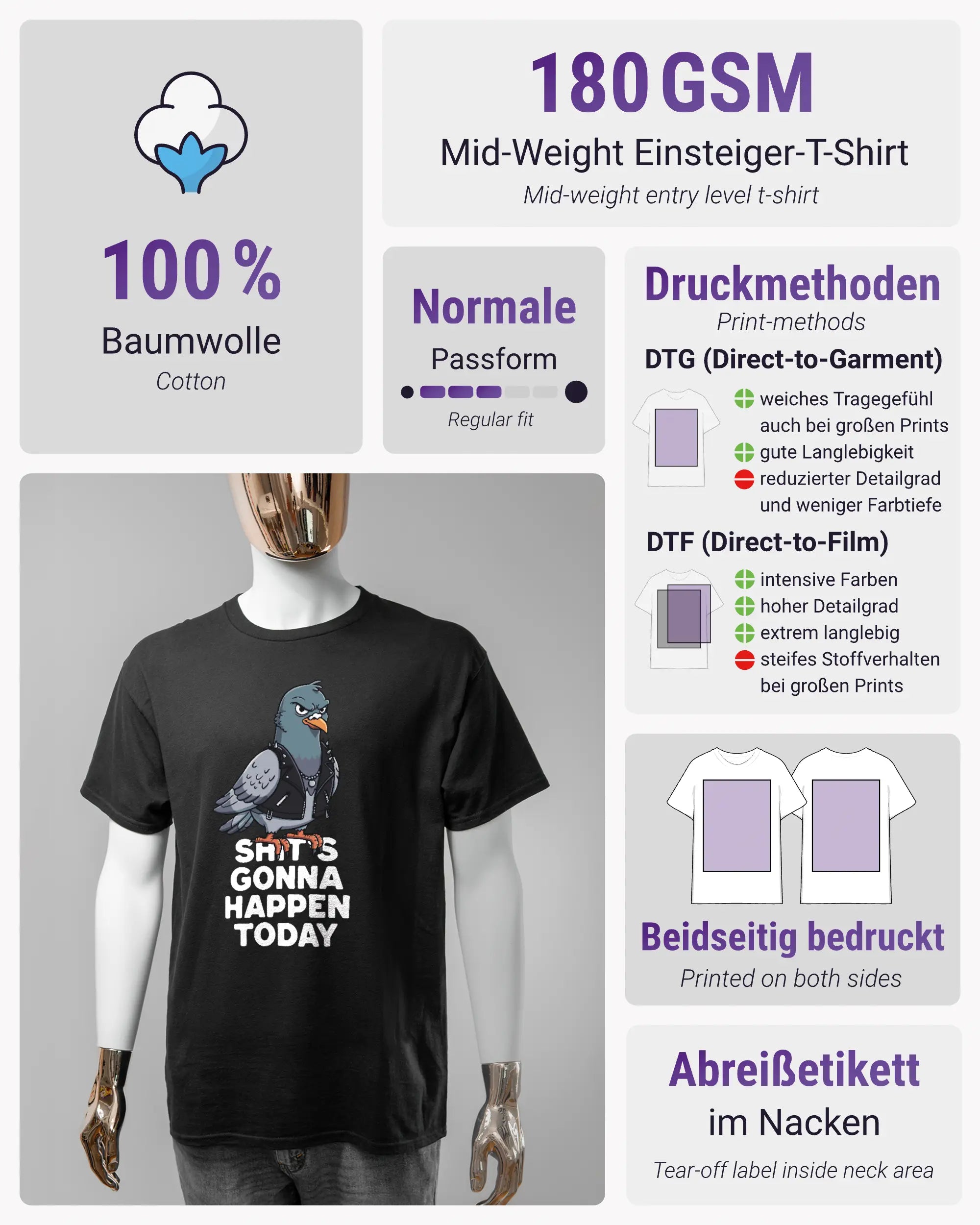 Produktinformationsblatt des Basic Unisex T-Shirt Regular von Maondo mit dem Design Pigeon Pun vorne in der Farbe Black und in der Größe S