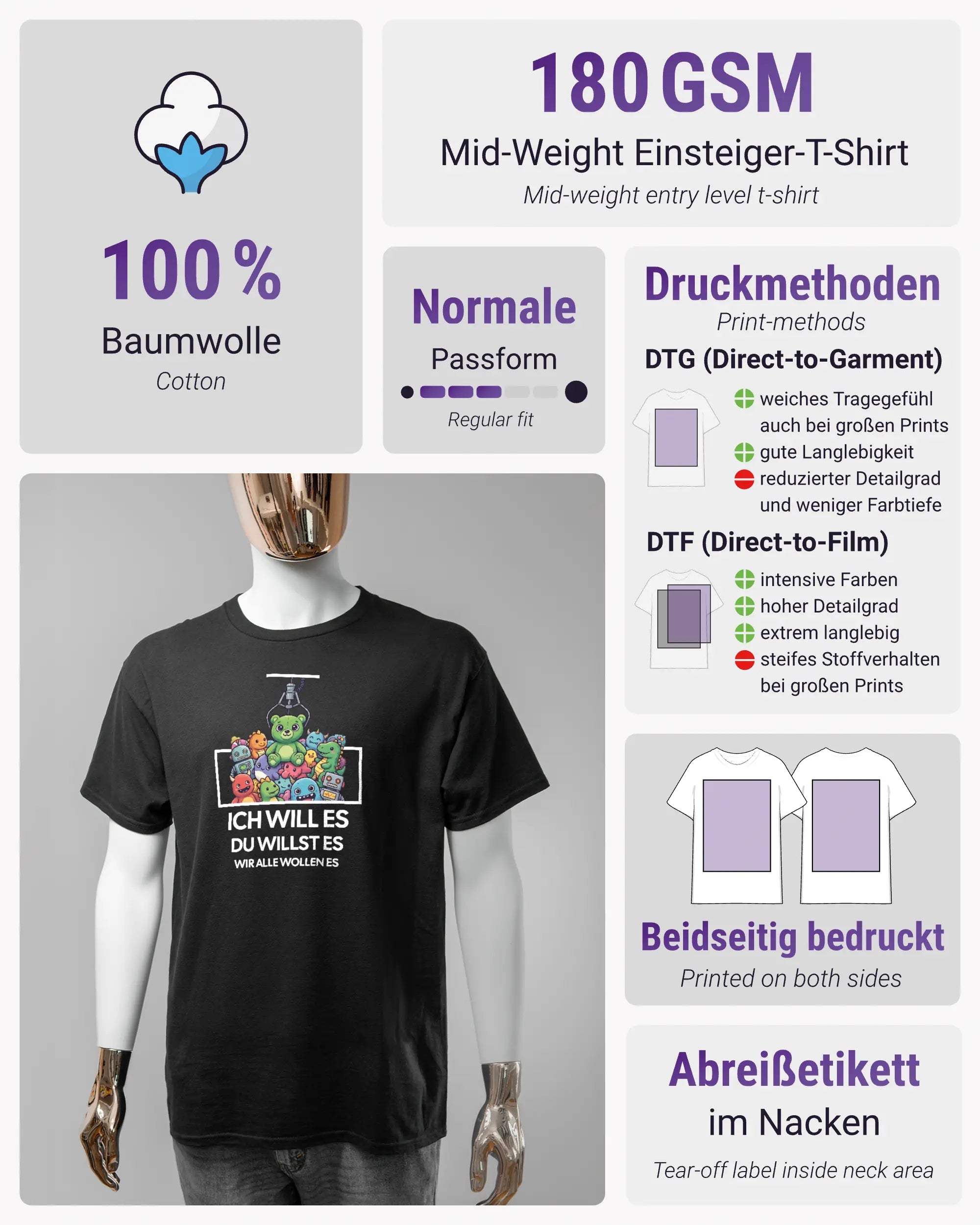 Produktinformationsblatt des Basic Unisex T-Shirt Regular von Maondo mit dem Design Will Stofftier vorne in der Farbe Black und in der Größe S