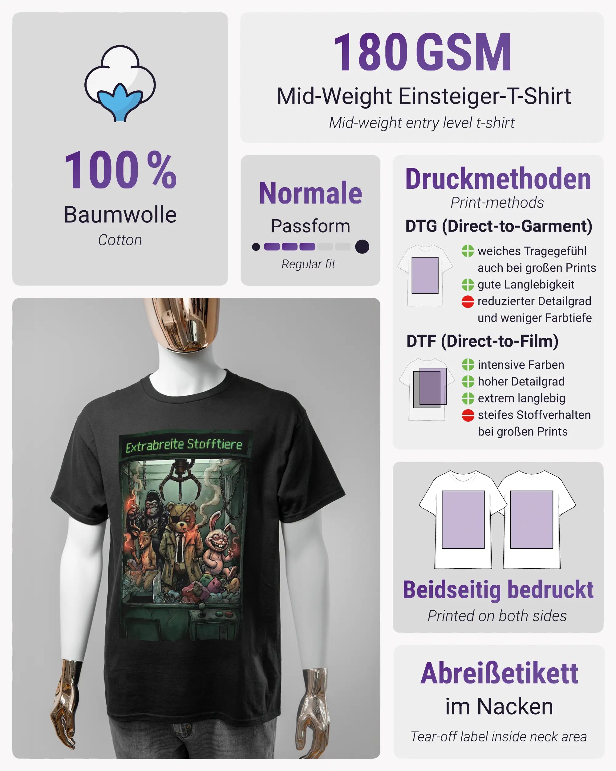 Produktinformationsblatt des Basic Unisex T-Shirt Regular von Maondo mit dem Design Extrabreit vorne in der Farbe Black und in der Größe S