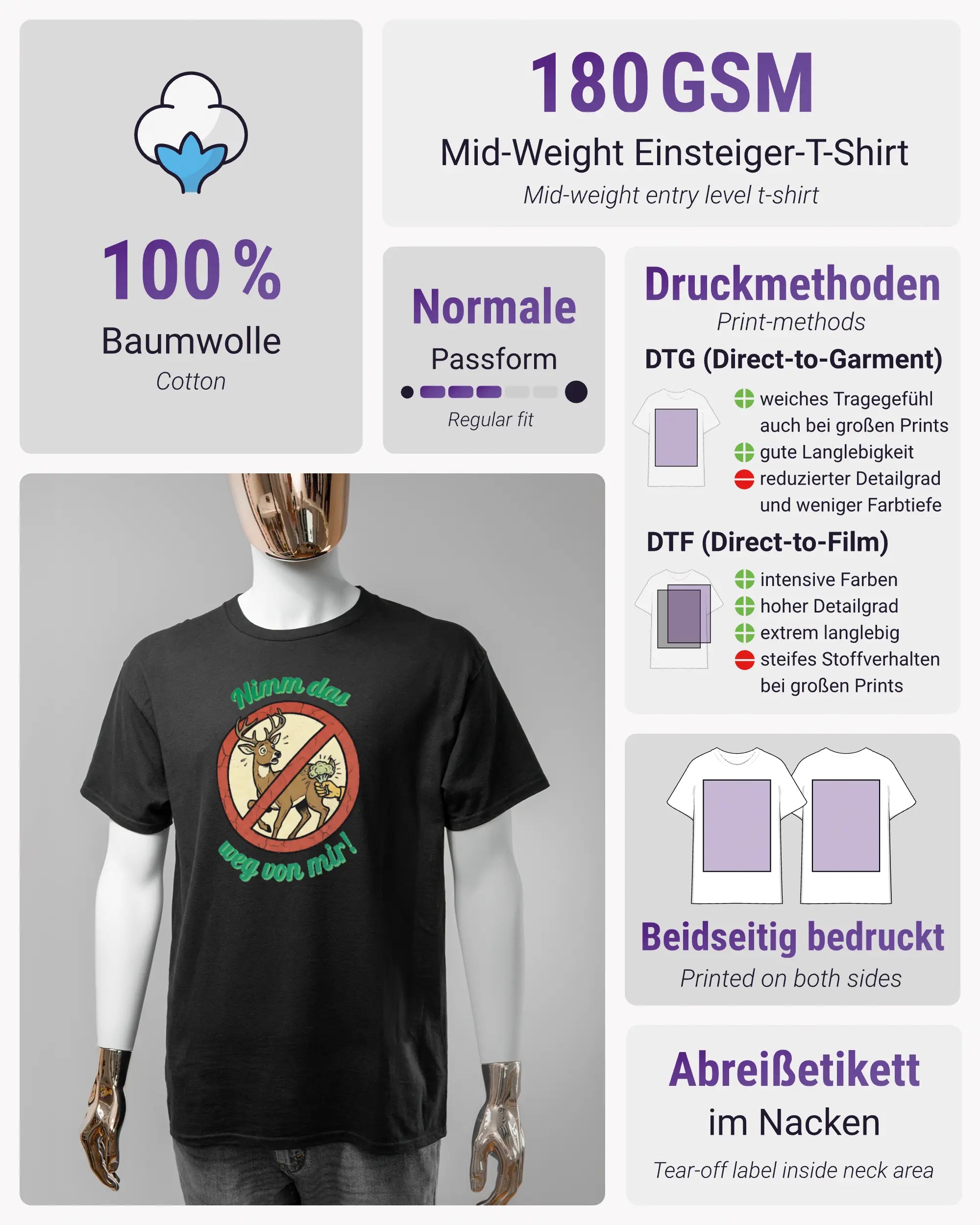 Produktinformationsblatt des Basic Unisex T-Shirt Regular von Maondo mit dem Design Reh weg vorne in der Farbe Black und in der Größe S