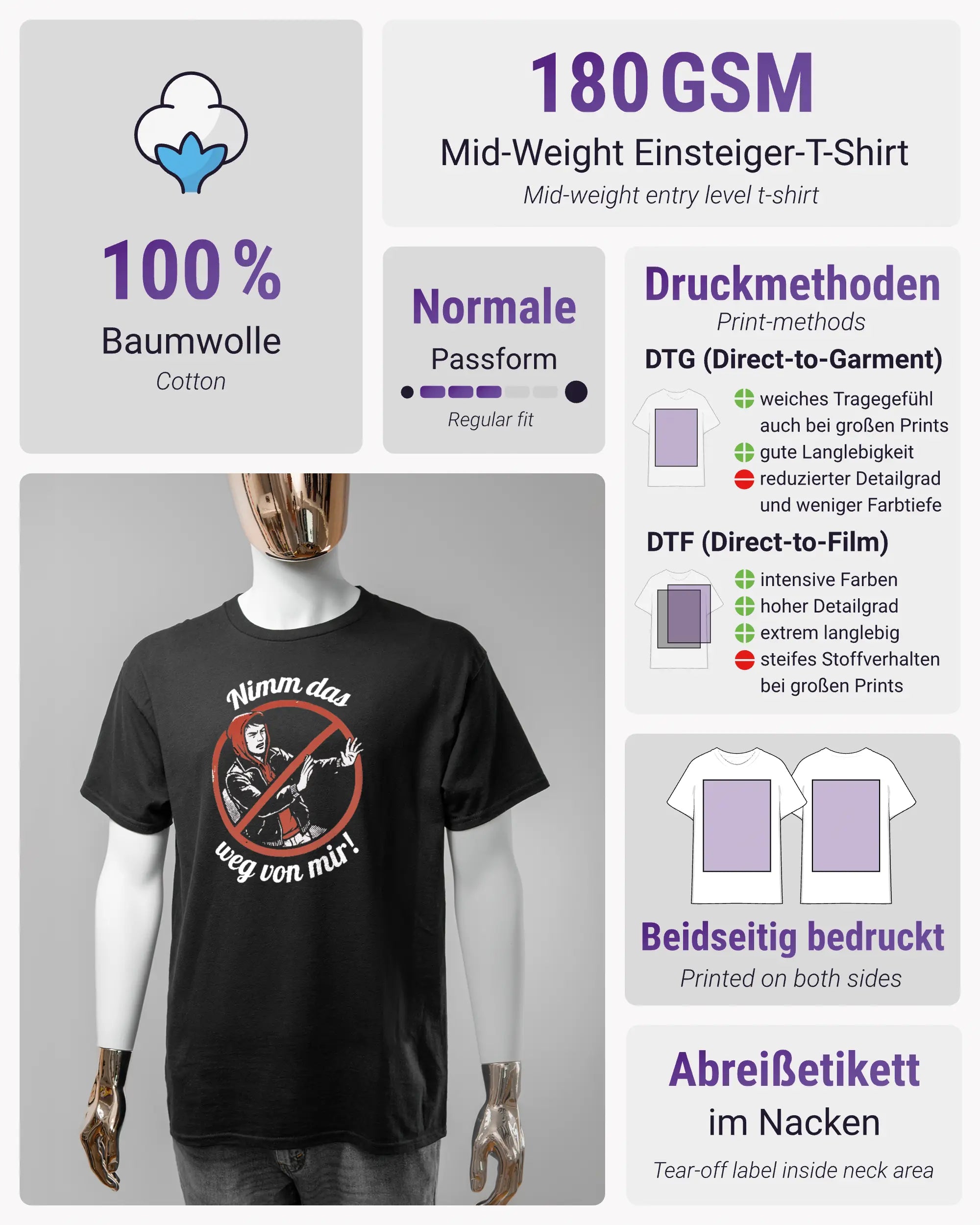 Produktinformationsblatt des Basic Unisex T-Shirt Regular von Maondo mit dem Design Nimm das weg vorne in der Farbe Black und in der Größe S