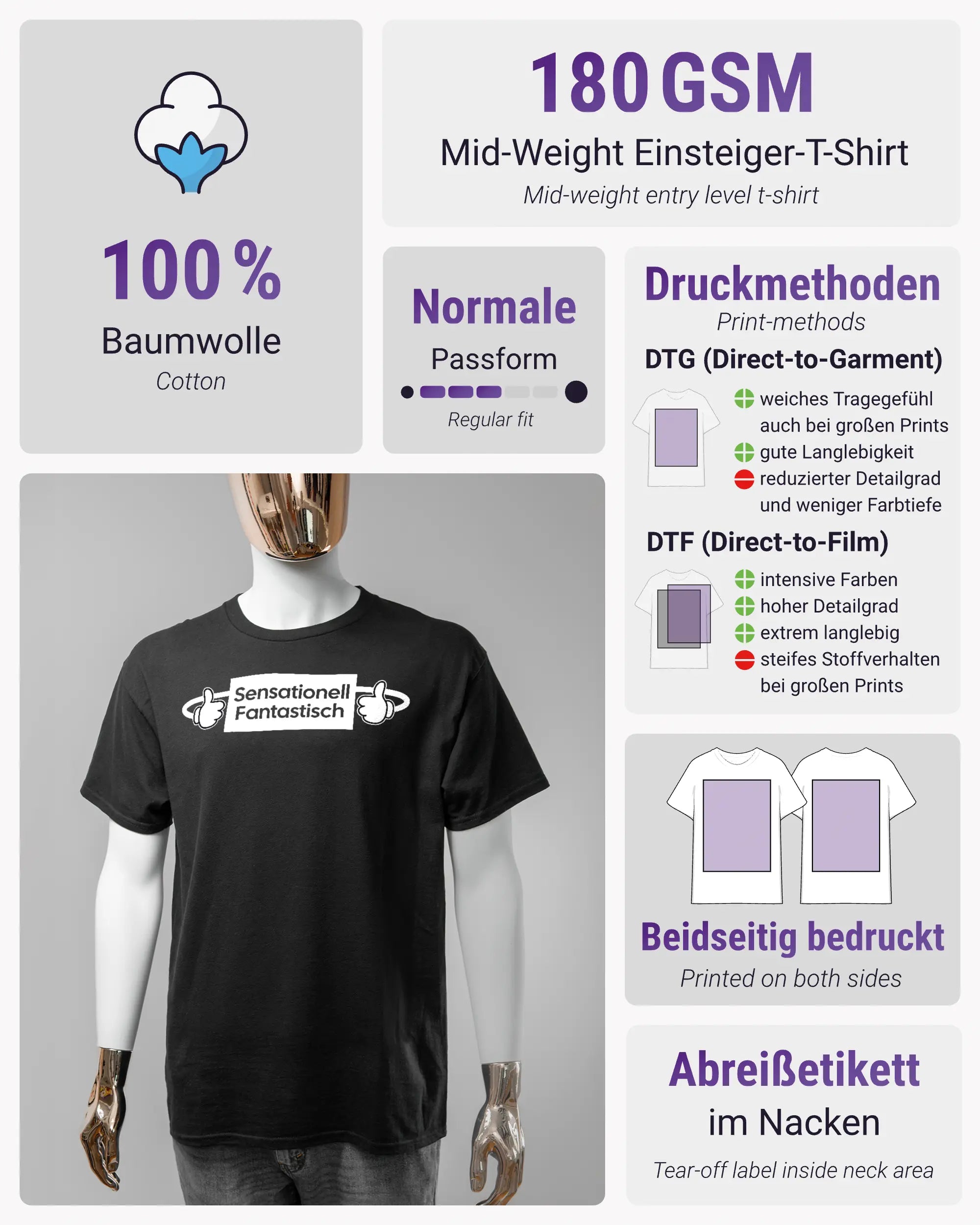 Produktinformationsblatt des Basic Unisex T-Shirt Regular von Maondo mit dem Design Fantastisch vorne in der Farbe Black und in der Größe S