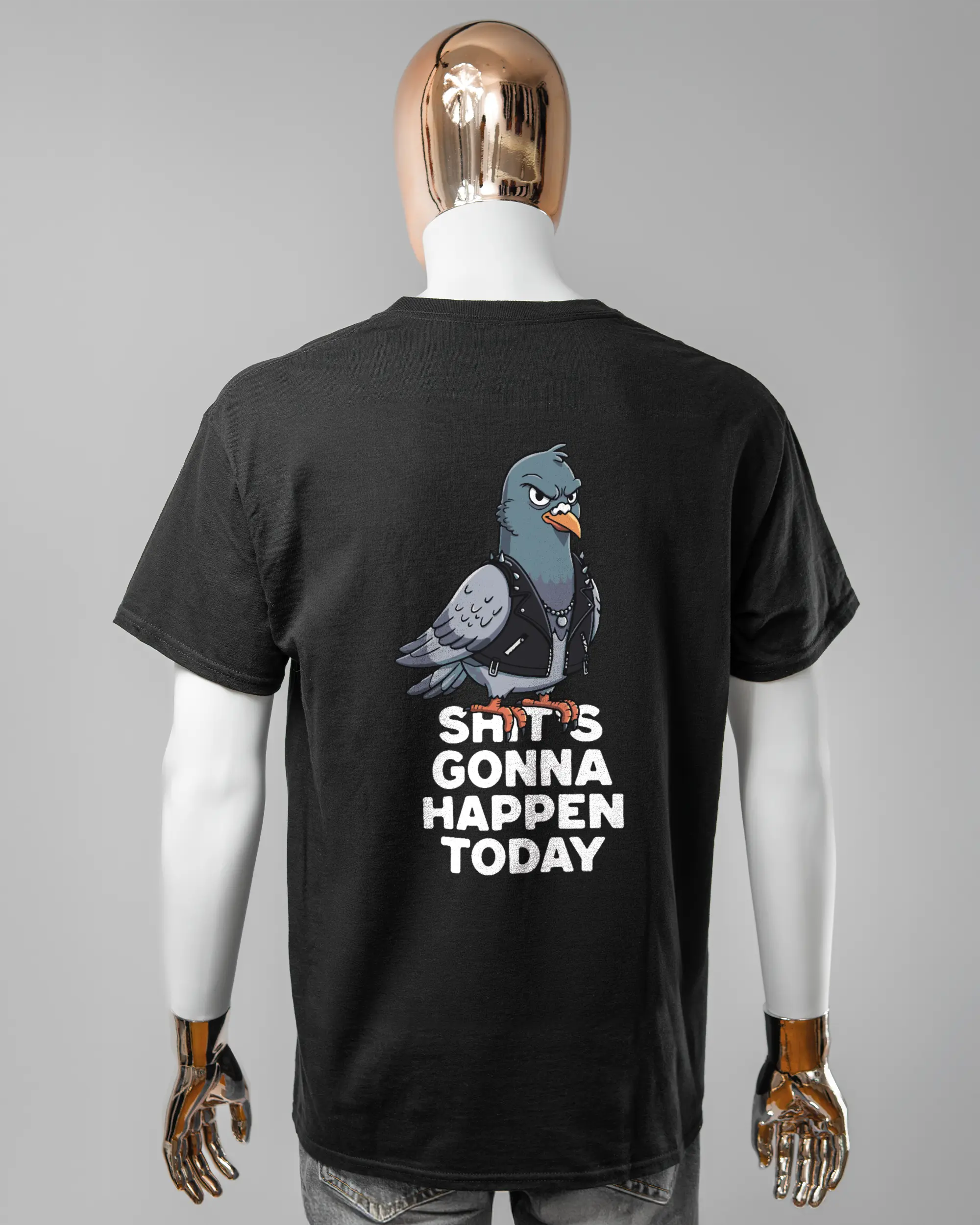 Rückseite des Basic Unisex T-Shirt Regular von Maondo mit dem Design Pigeon Pun in der Farbe Black und in der Größe L getragen von einer maskulinen Puppe