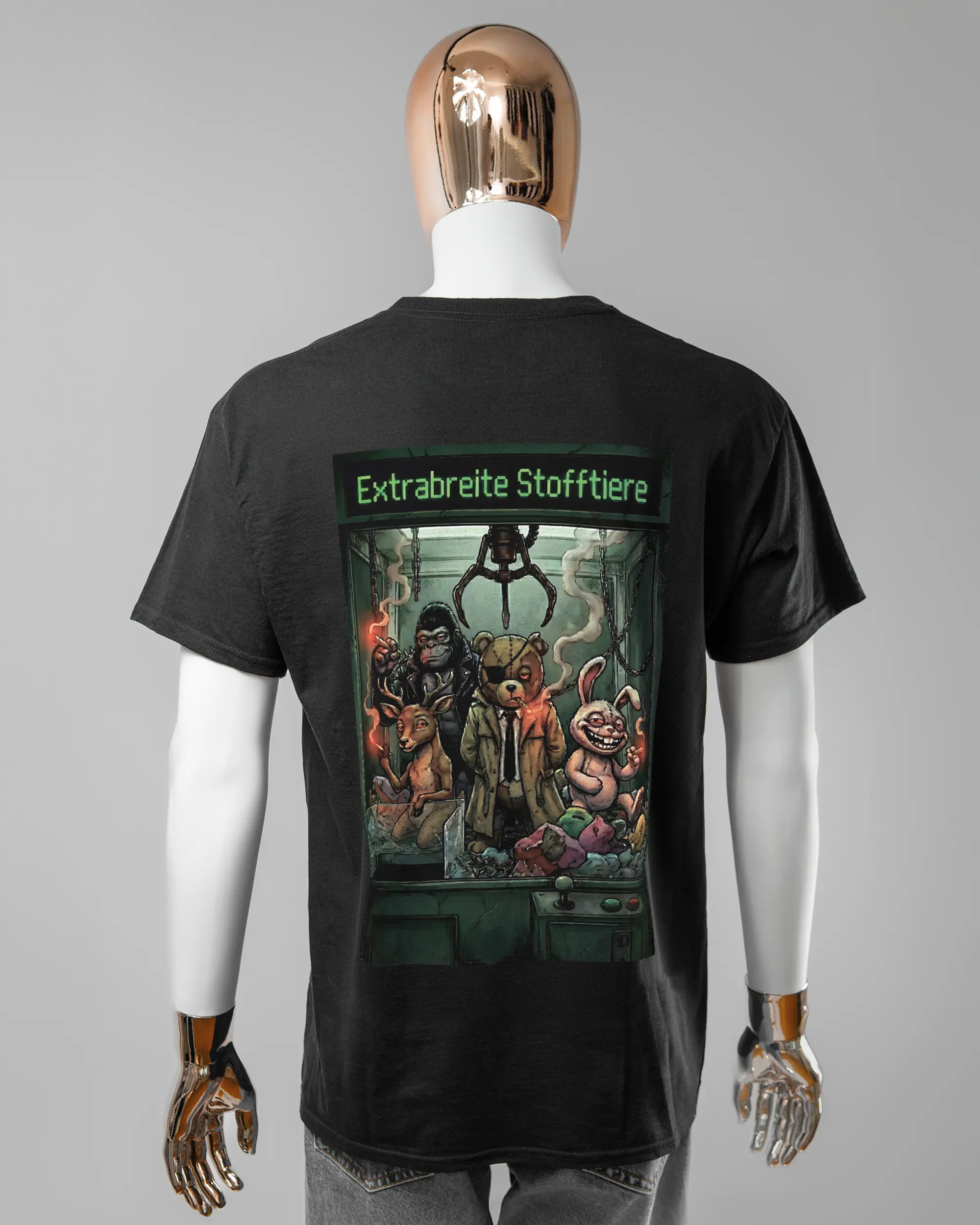 Rückseite des Basic Unisex T-Shirt Regular von Maondo mit dem Design Extrabreit in der Farbe Black und in der Größe L getragen von einer maskulinen Puppe