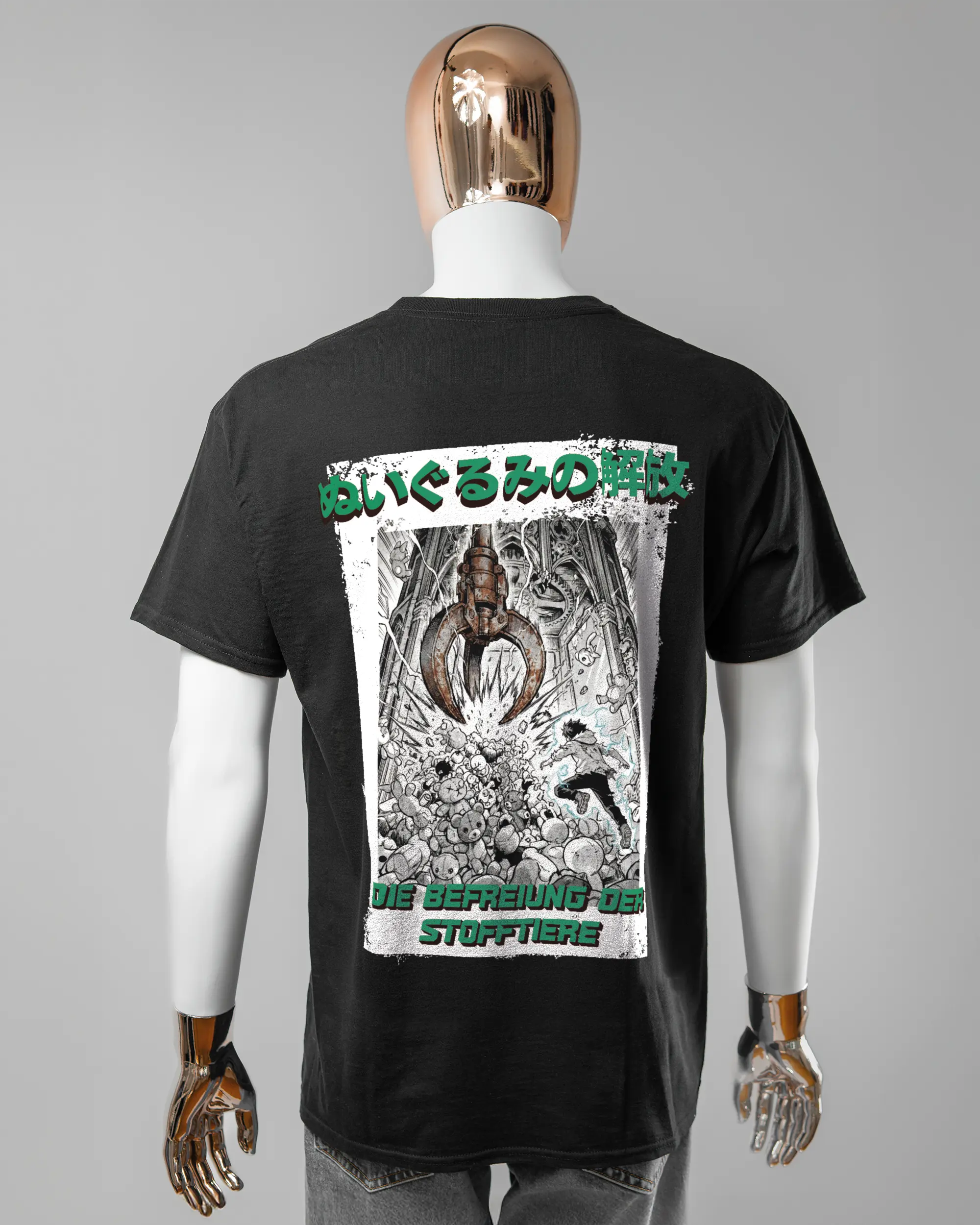 Rückseite des Basic Unisex T-Shirt Regular von Maondo mit dem Design Save 1 Stofftier in der Farbe Black und in der Größe L getragen von einer maskulinen Puppe