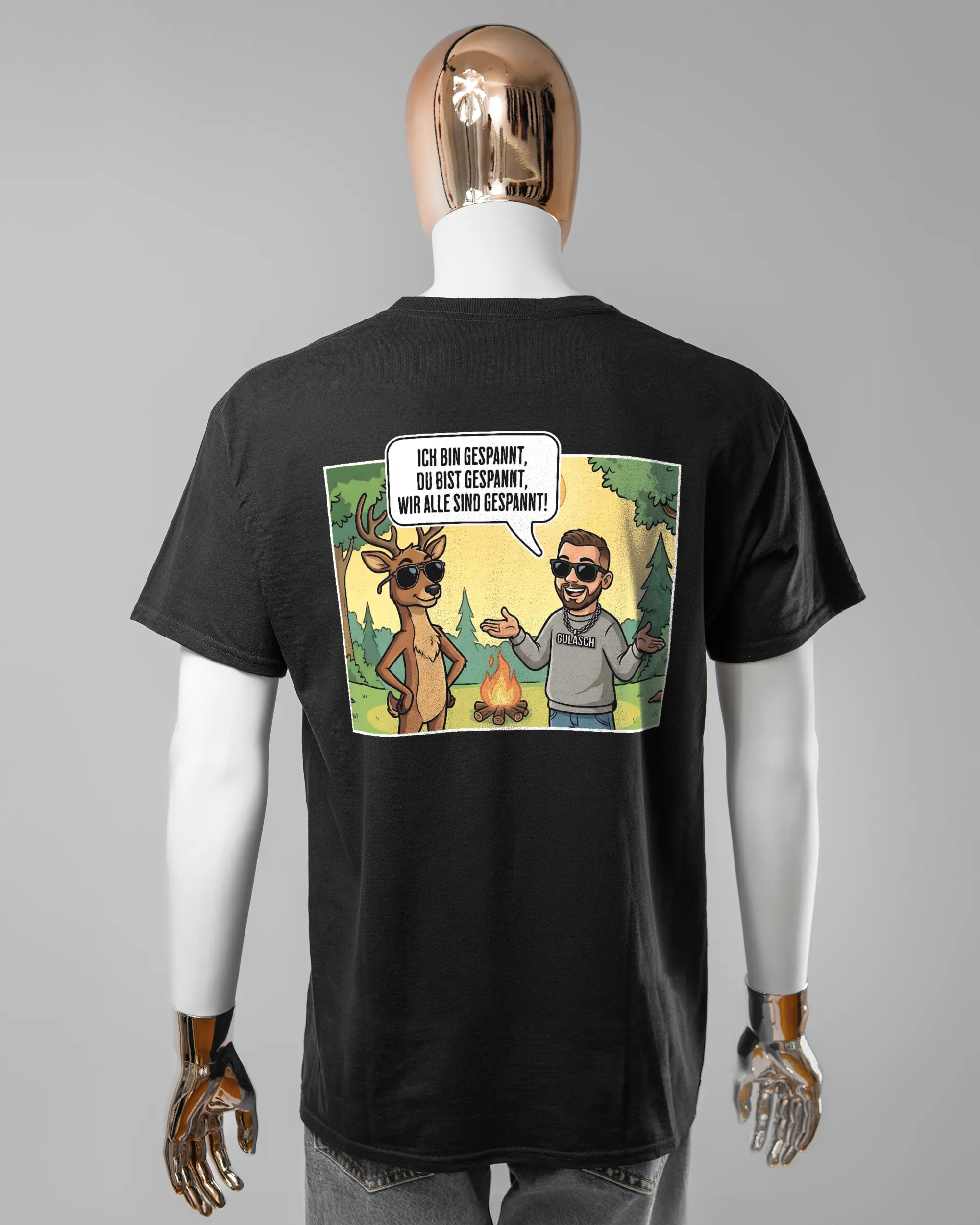 Rückseite des Basic Unisex T-Shirt Regular von Maondo mit dem Design Vollspannung in der Farbe Black und in der Größe L getragen von einer maskulinen Puppe