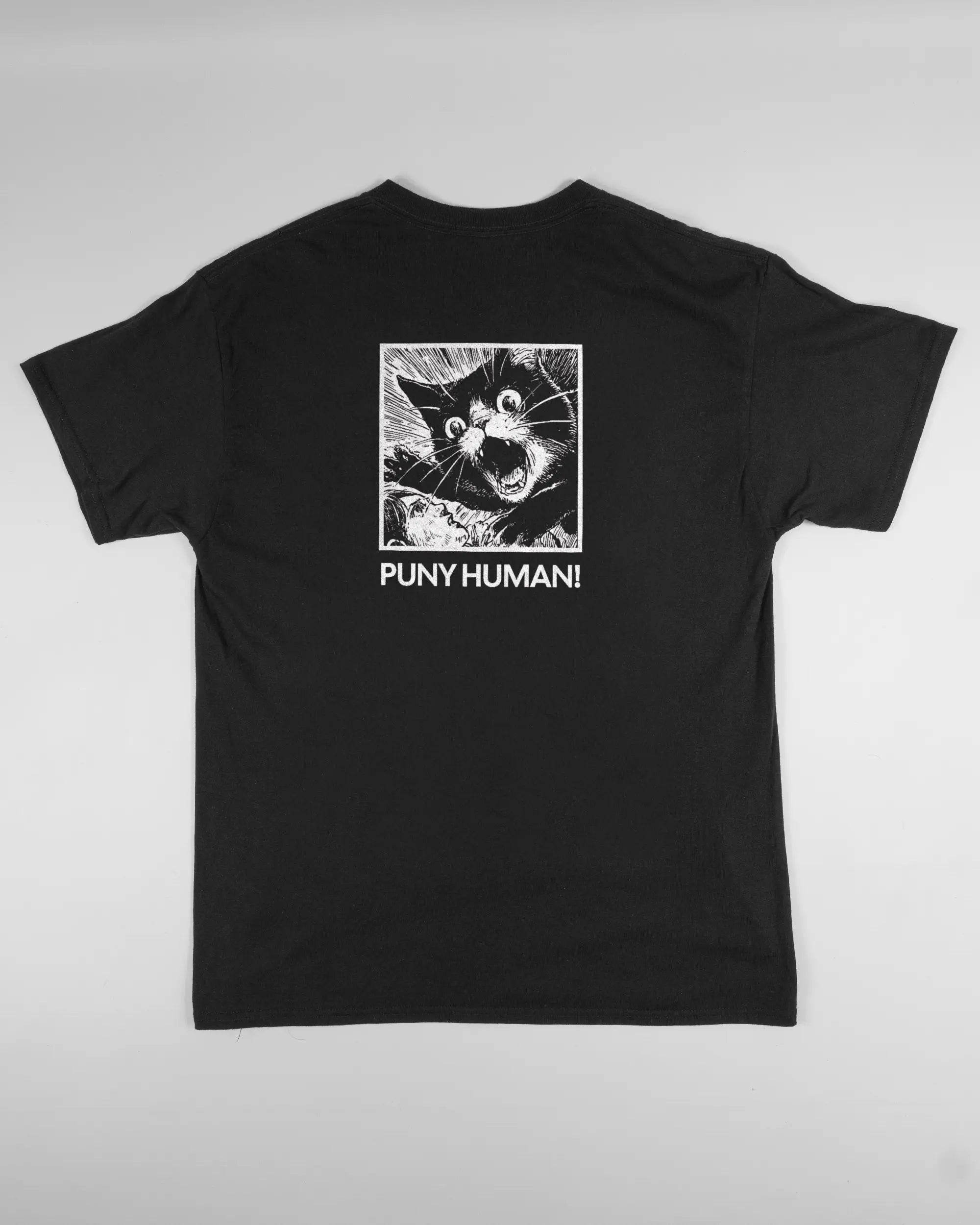 Rückseite des Basic Unisex T-Shirt Regular von Maondo mit dem Design Puny Human in der Farbe Black und in der Größe L flach auf den Boden gelegt