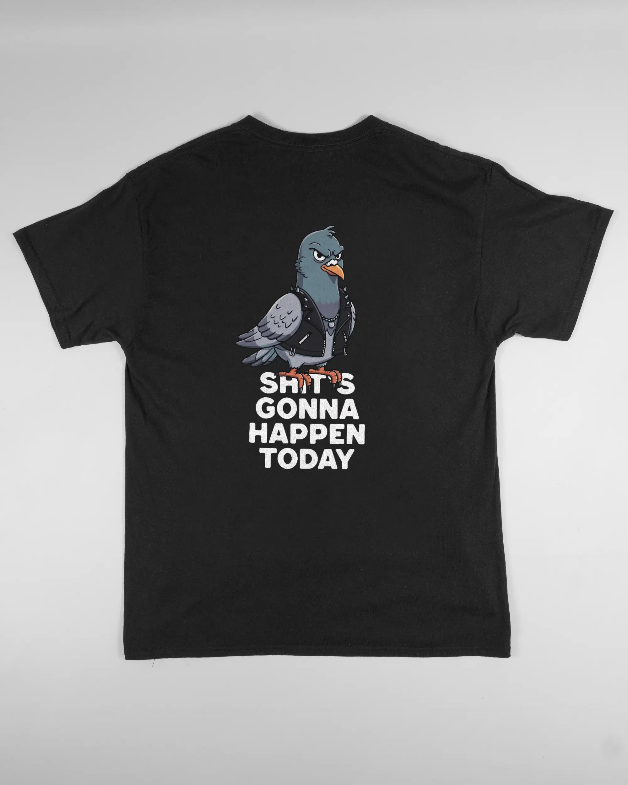 Rückseite des Basic Unisex T-Shirt Regular von Maondo mit dem Design Pigeon Pun in der Farbe Black und in der Größe L flach auf den Boden gelegt