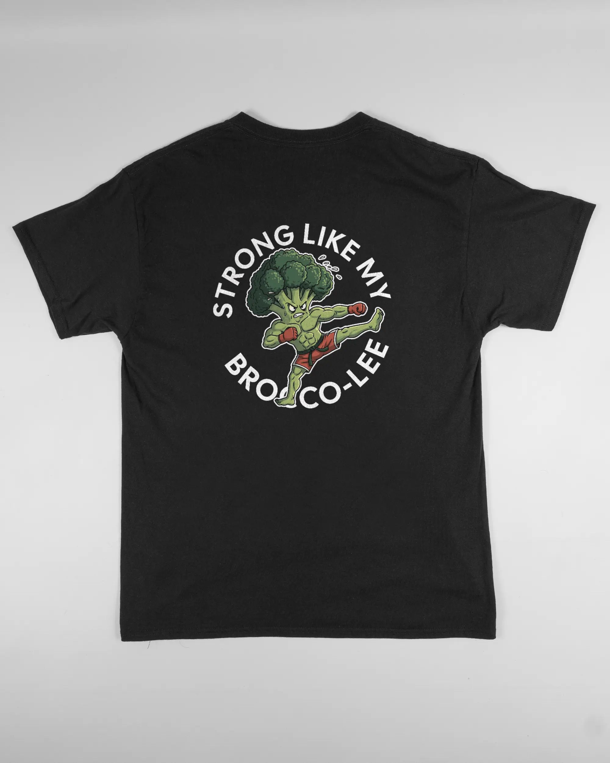 Rückseite des Basic Unisex T-Shirt Regular von Maondo mit dem Design Brocco-Lee in der Farbe Black und in der Größe L flach auf den Boden gelegt