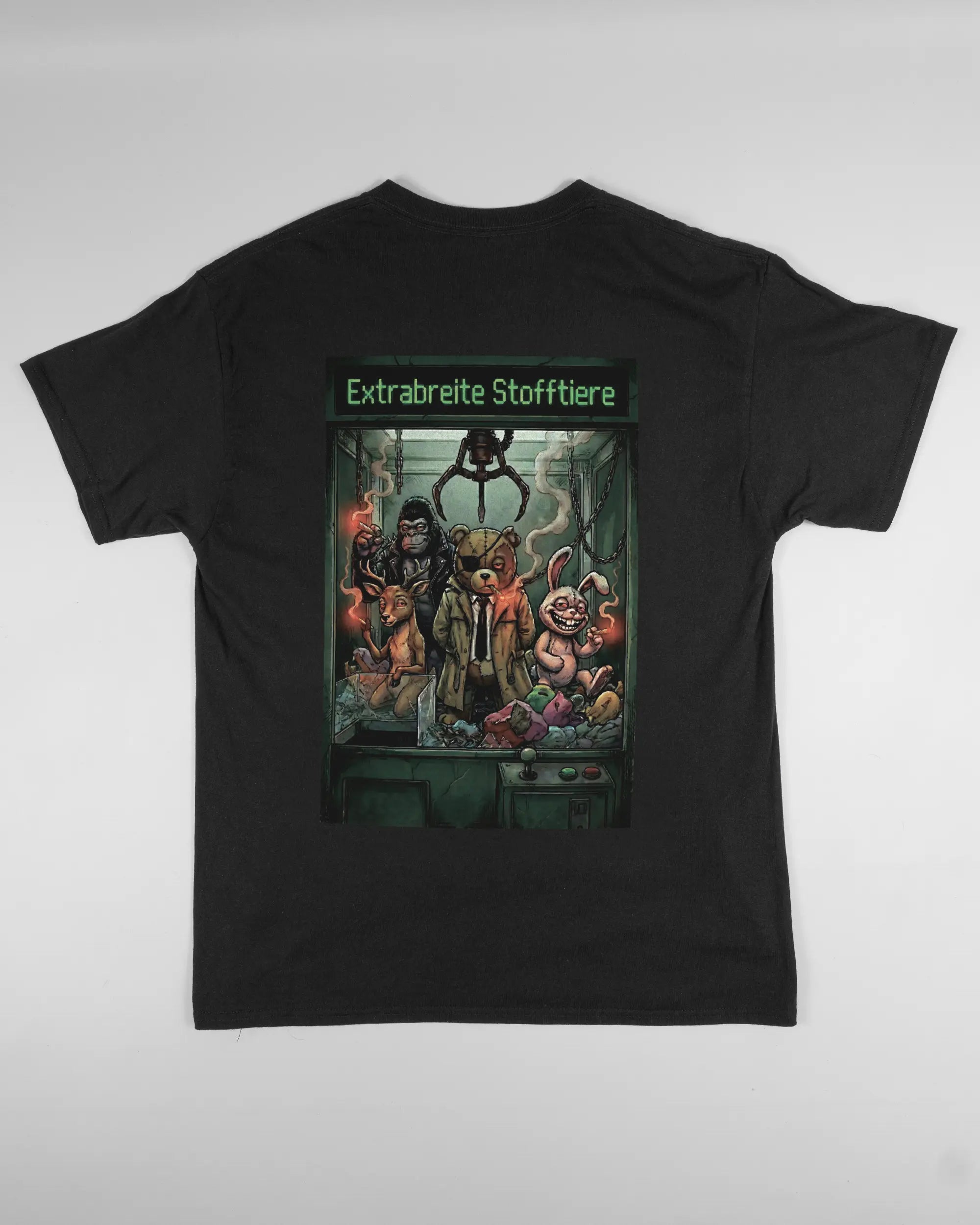 Rückseite des Basic Unisex T-Shirt Regular von Maondo mit dem Design Extrabreit in der Farbe Black und in der Größe L flach auf den Boden gelegt