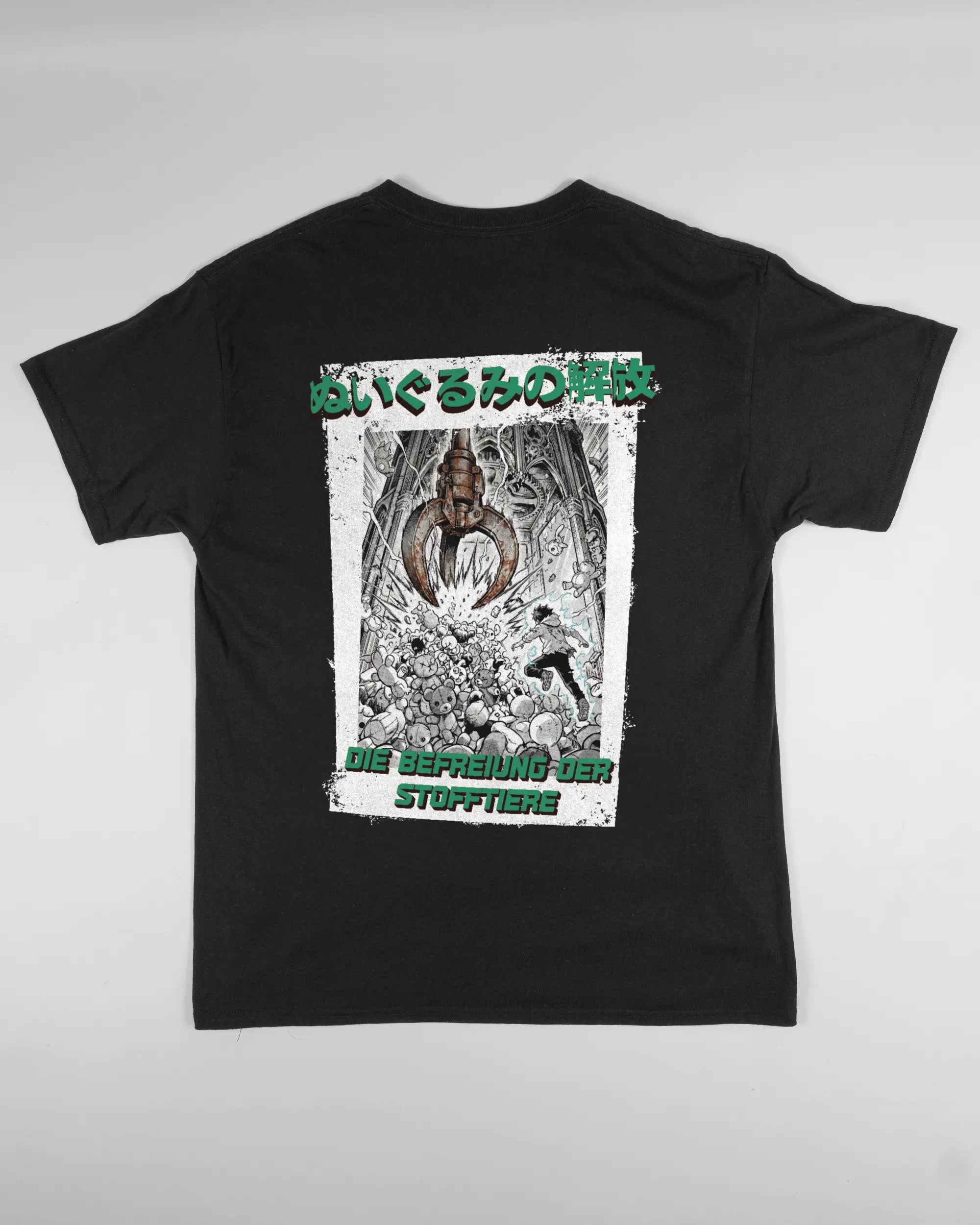 Rückseite des Basic Unisex T-Shirt Regular von Maondo mit dem Design Save 1 Stofftier in der Farbe Black und in der Größe L flach auf den Boden gelegt