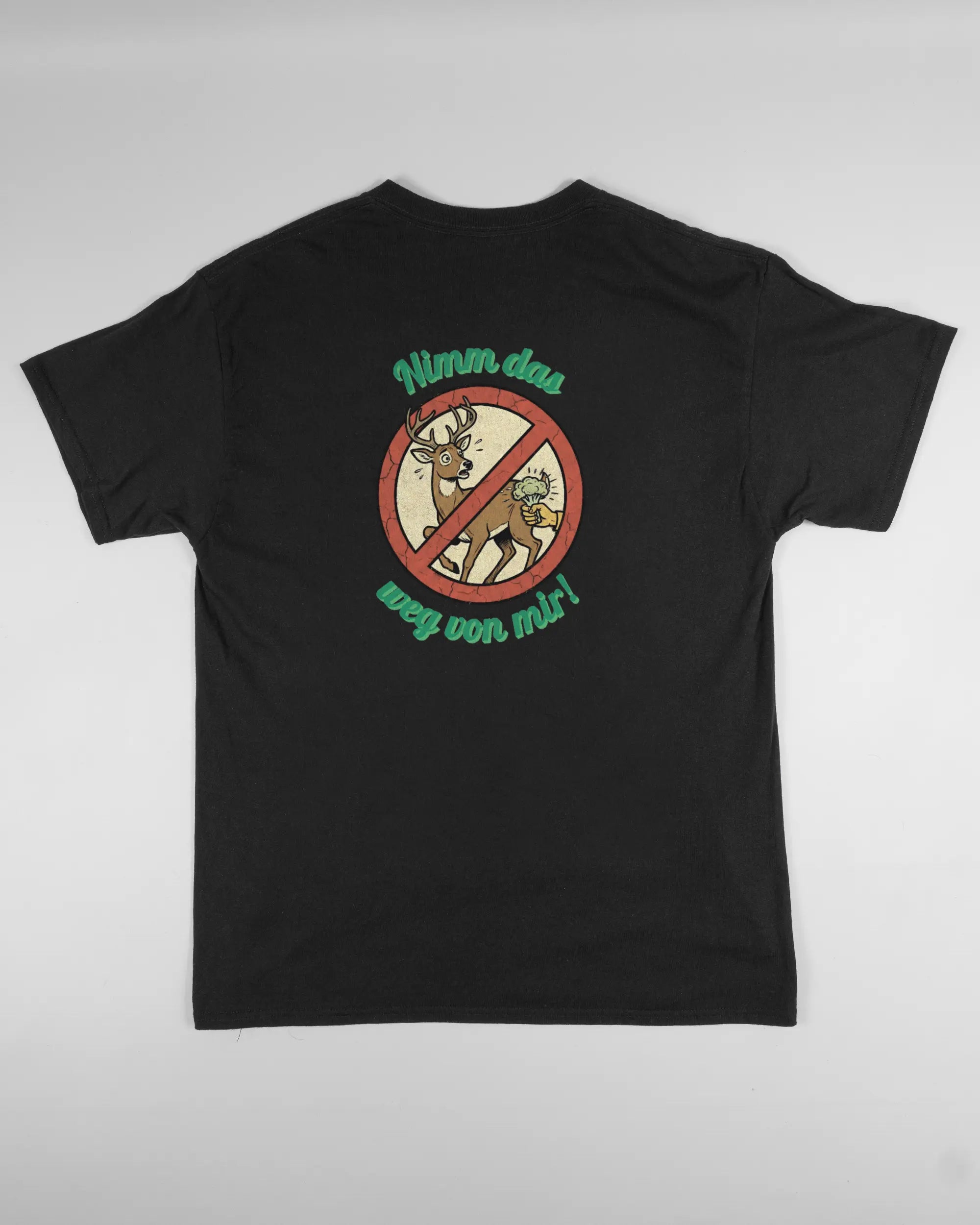 Rückseite des Basic Unisex T-Shirt Regular von Maondo mit dem Design Reh weg in der Farbe Black und in der Größe L flach auf den Boden gelegt