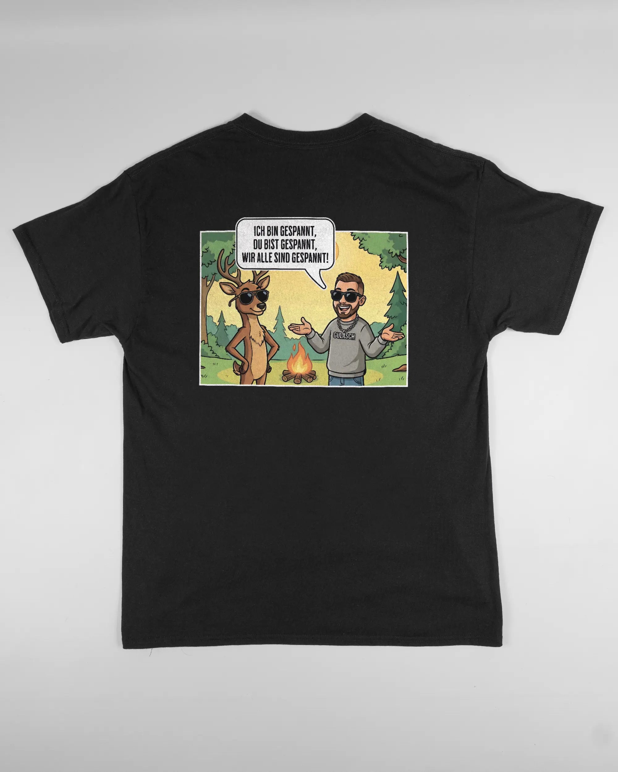 Rückseite des Basic Unisex T-Shirt Regular von Maondo mit dem Design Vollspannung in der Farbe Black und in der Größe L flach auf den Boden gelegt